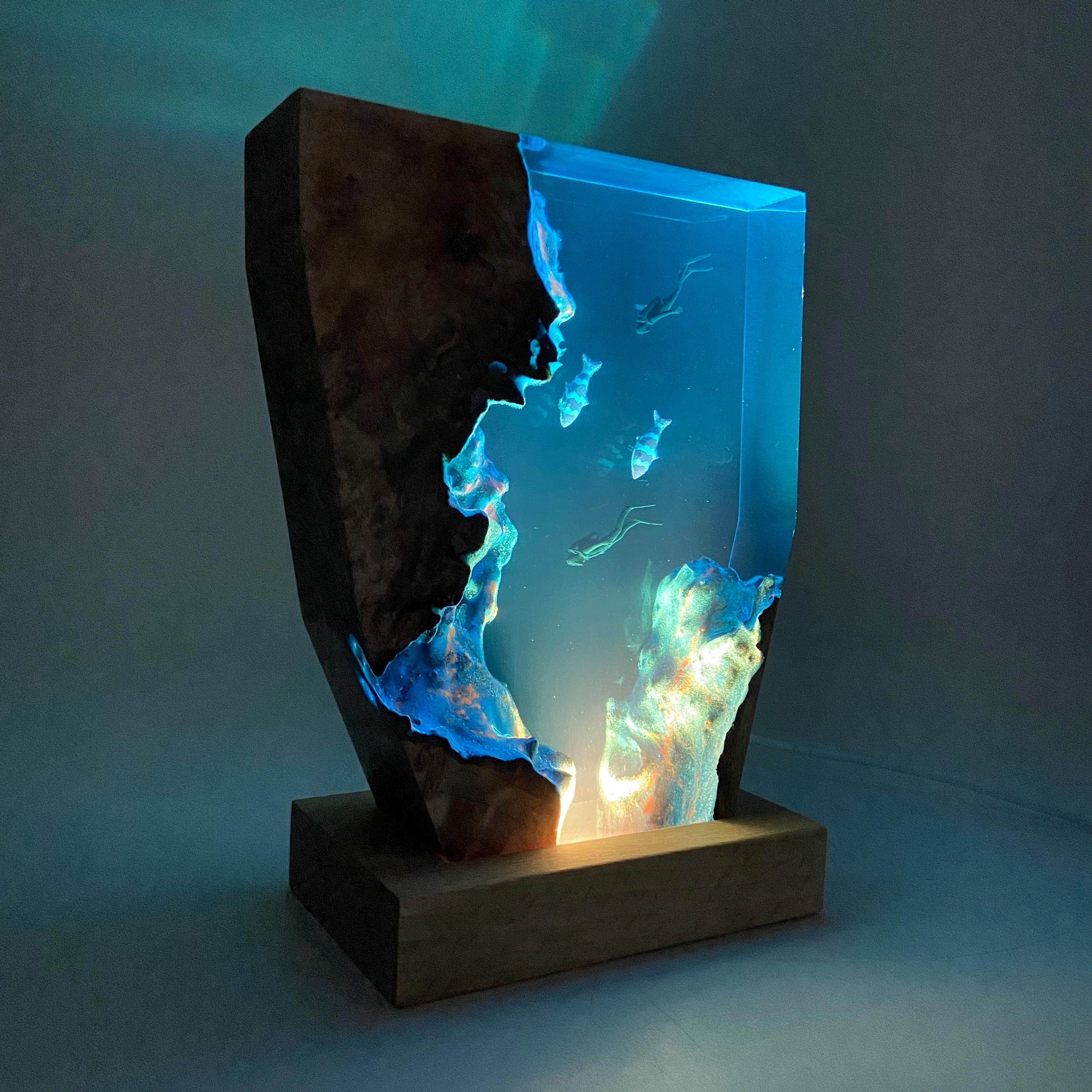Diver's Night Light, Epoxy Resin Wooden Lamp, Scuba Diving Decor, Personalised Wooden Light, Freediving, Halloween Gift, Christmas Gift
