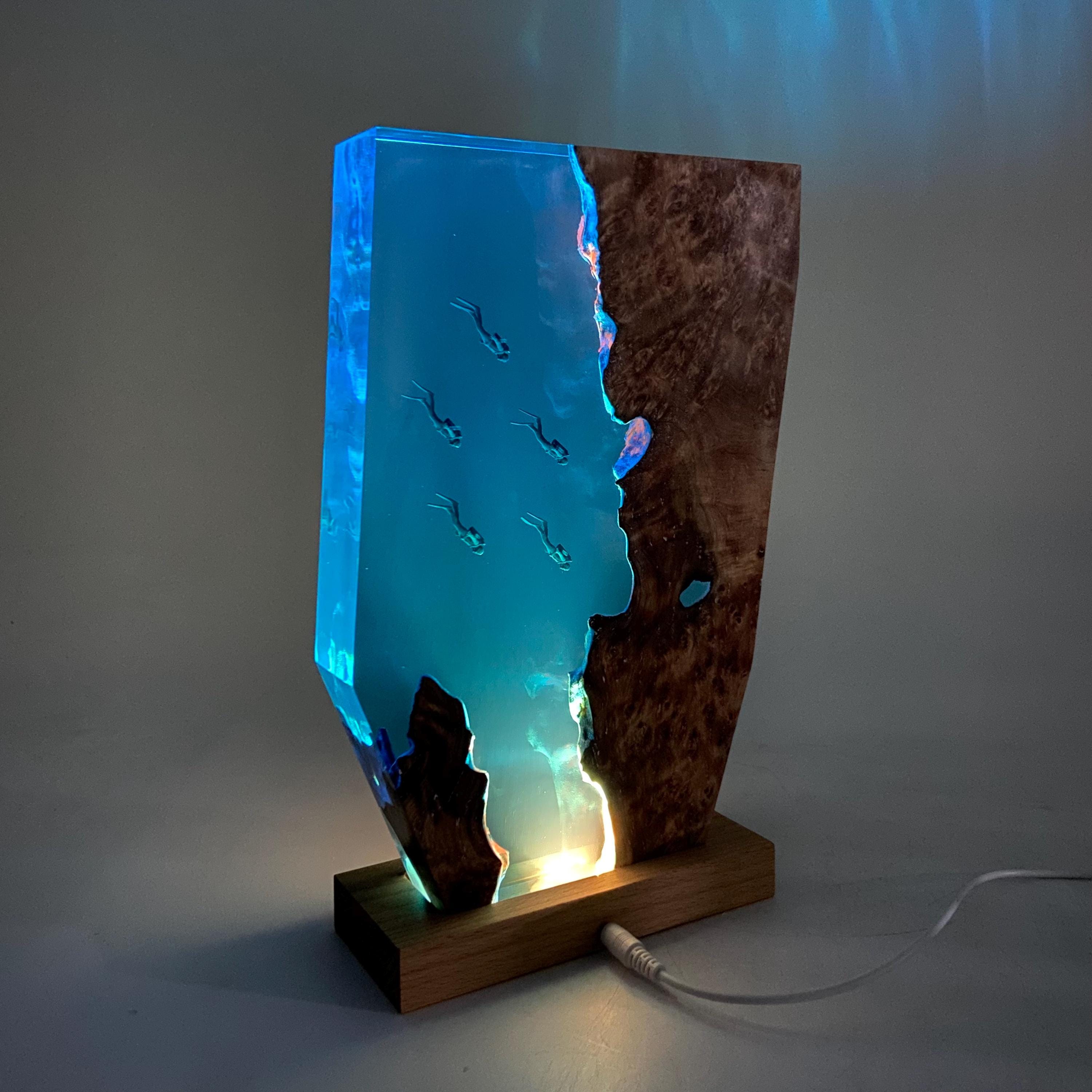 Personalized Epoxy Resin Diver Night Light, Deep Sea Wooden Lamp, Freediving, Halloween Gift, Christmas Gift