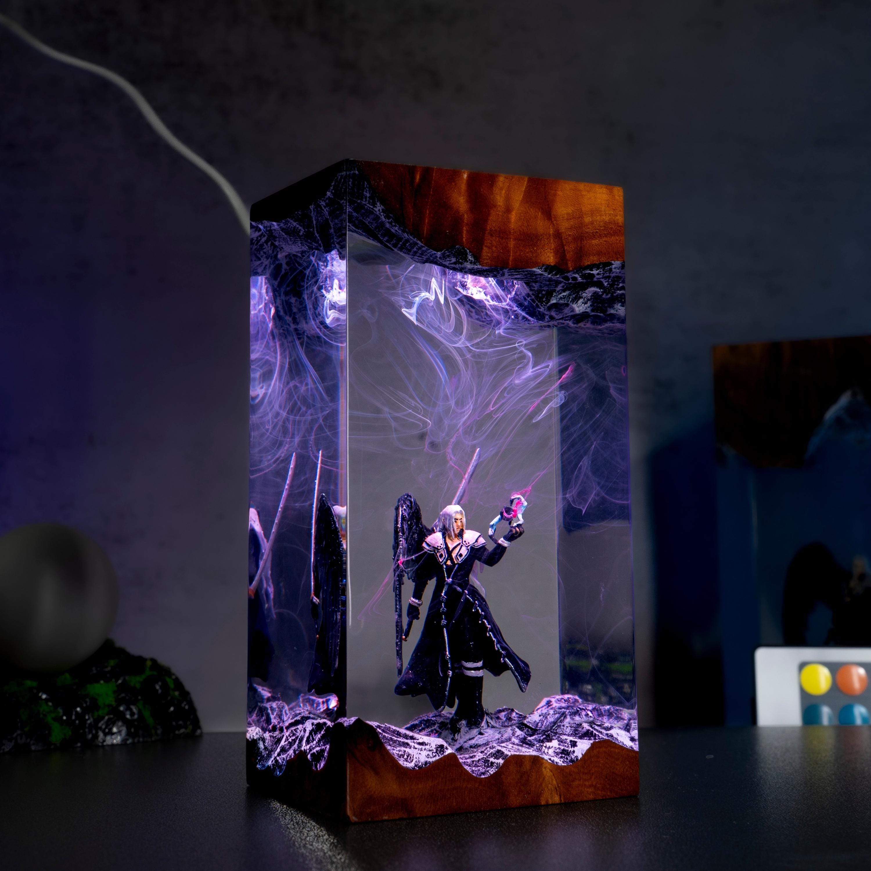 Custom Sephiroth and Cloud Resin Night Light, Epoxy Wood Night Lamp,  FF7 Collector Gift