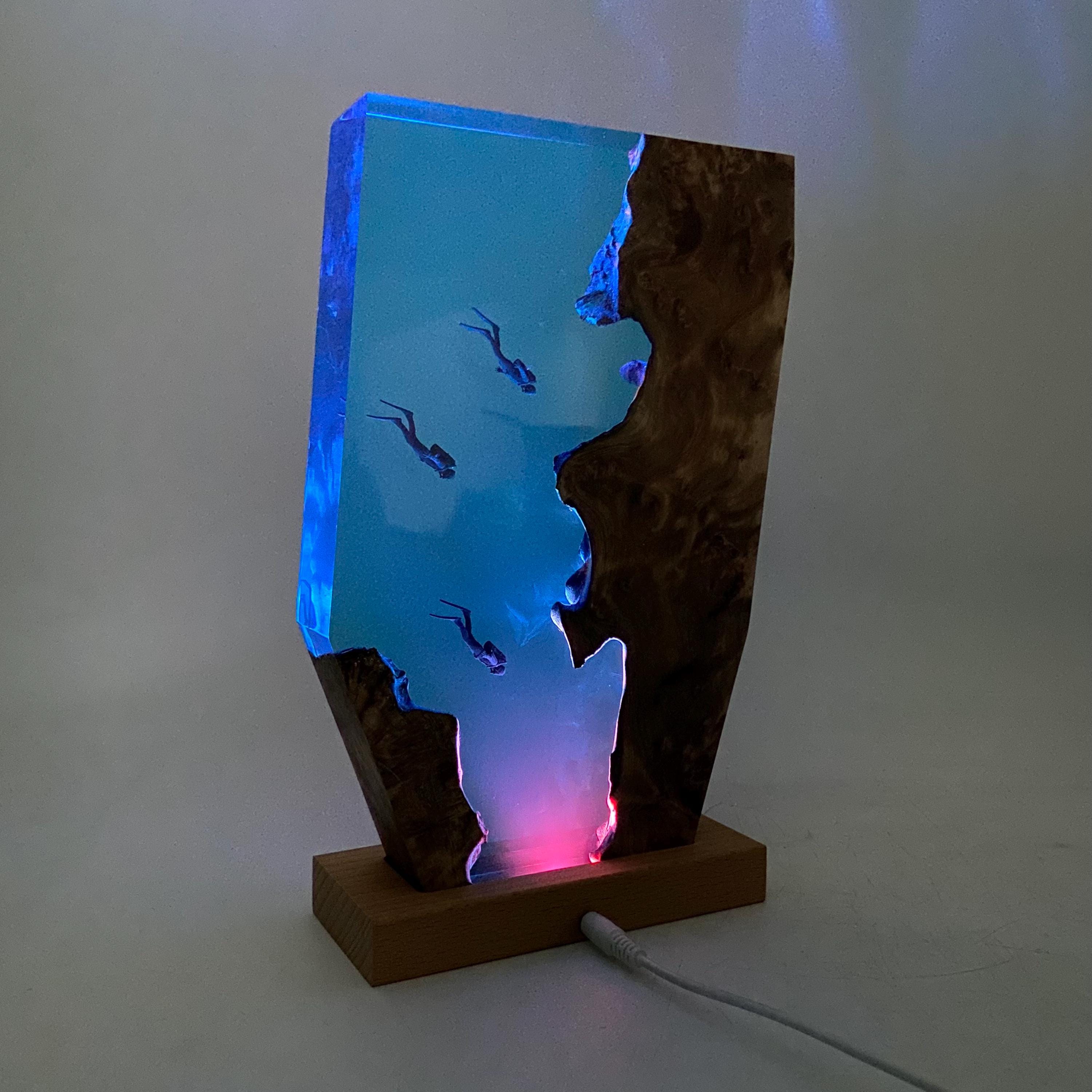 Personalized Diver Night Light, Epoxy Wooden Deep Sea Lamp, Personalised Epoxy Wooden Light, Freediving, Halloween Gift, Christmas Gift