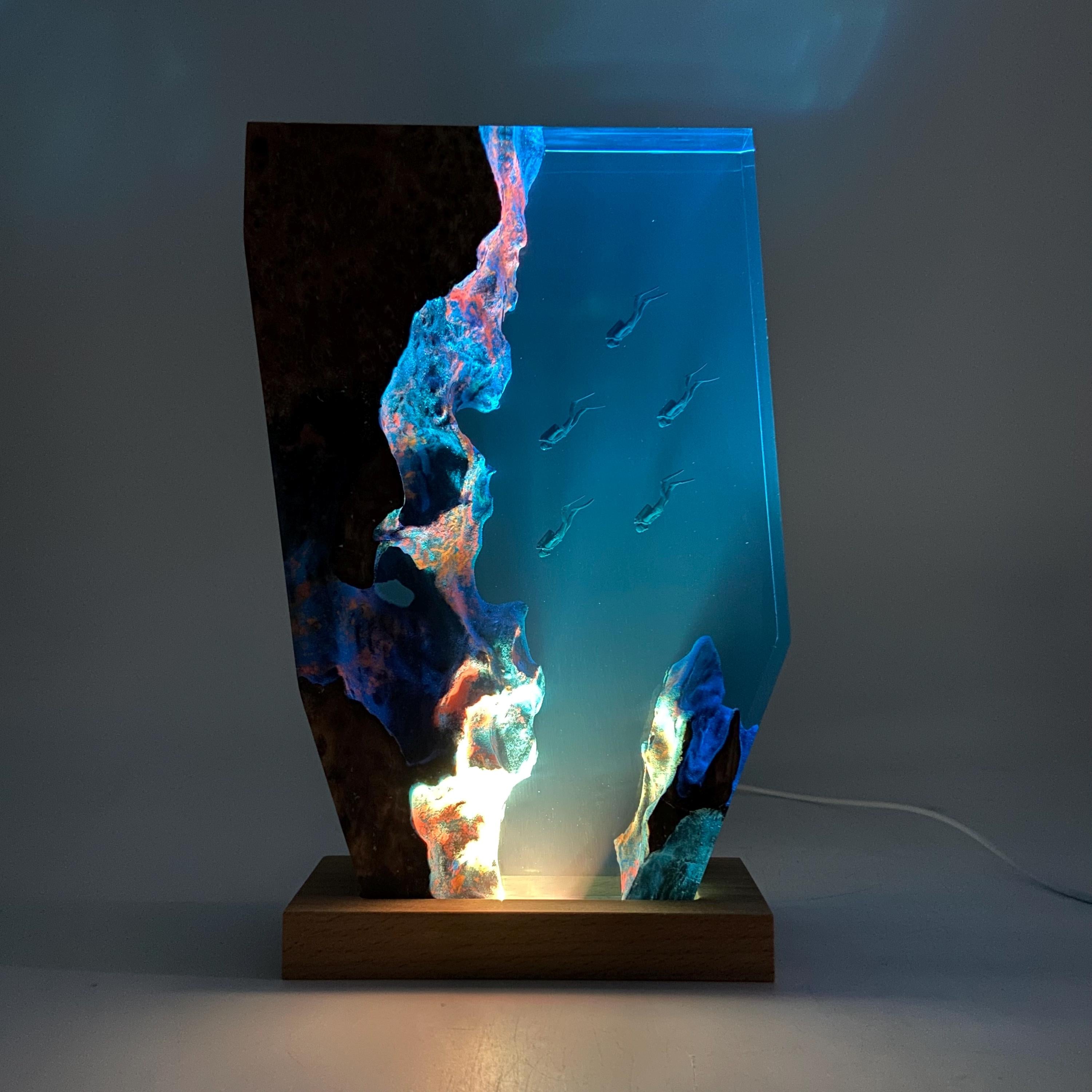 Personalized Epoxy Resin Diver Night Light, Deep Sea Wooden Lamp, Freediving, Halloween Gift, Christmas Gift