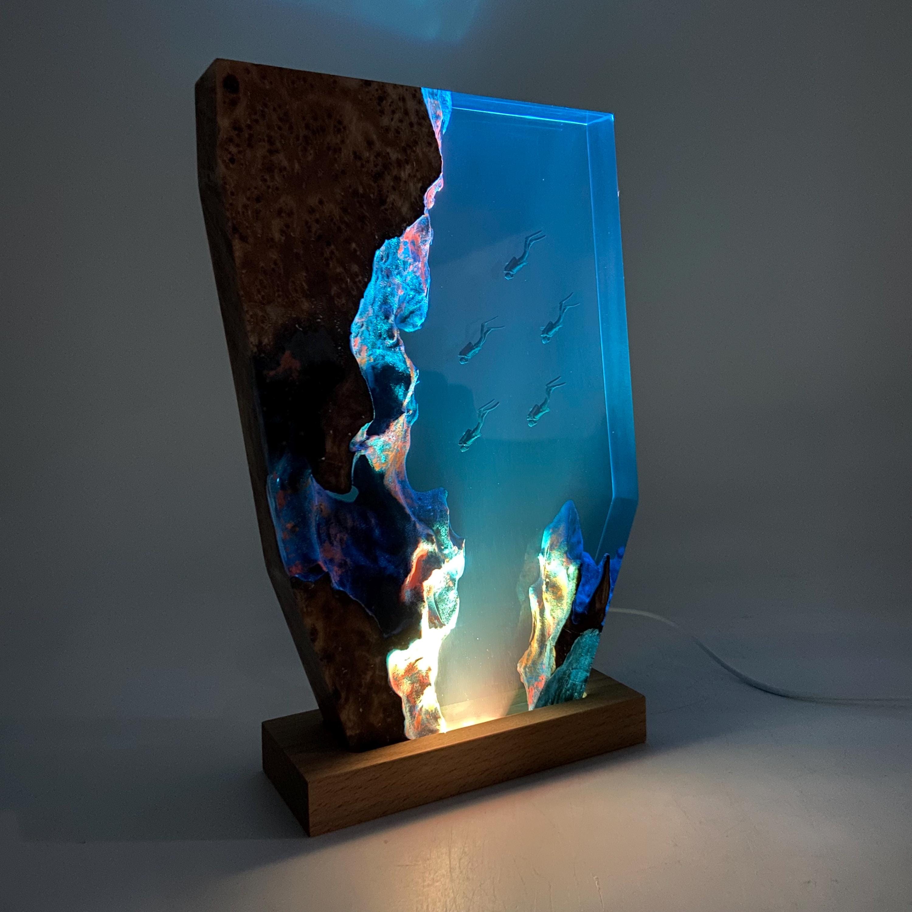 Personalized Epoxy Resin Diver Night Light, Deep Sea Wooden Lamp, Freediving, Halloween Gift, Christmas Gift
