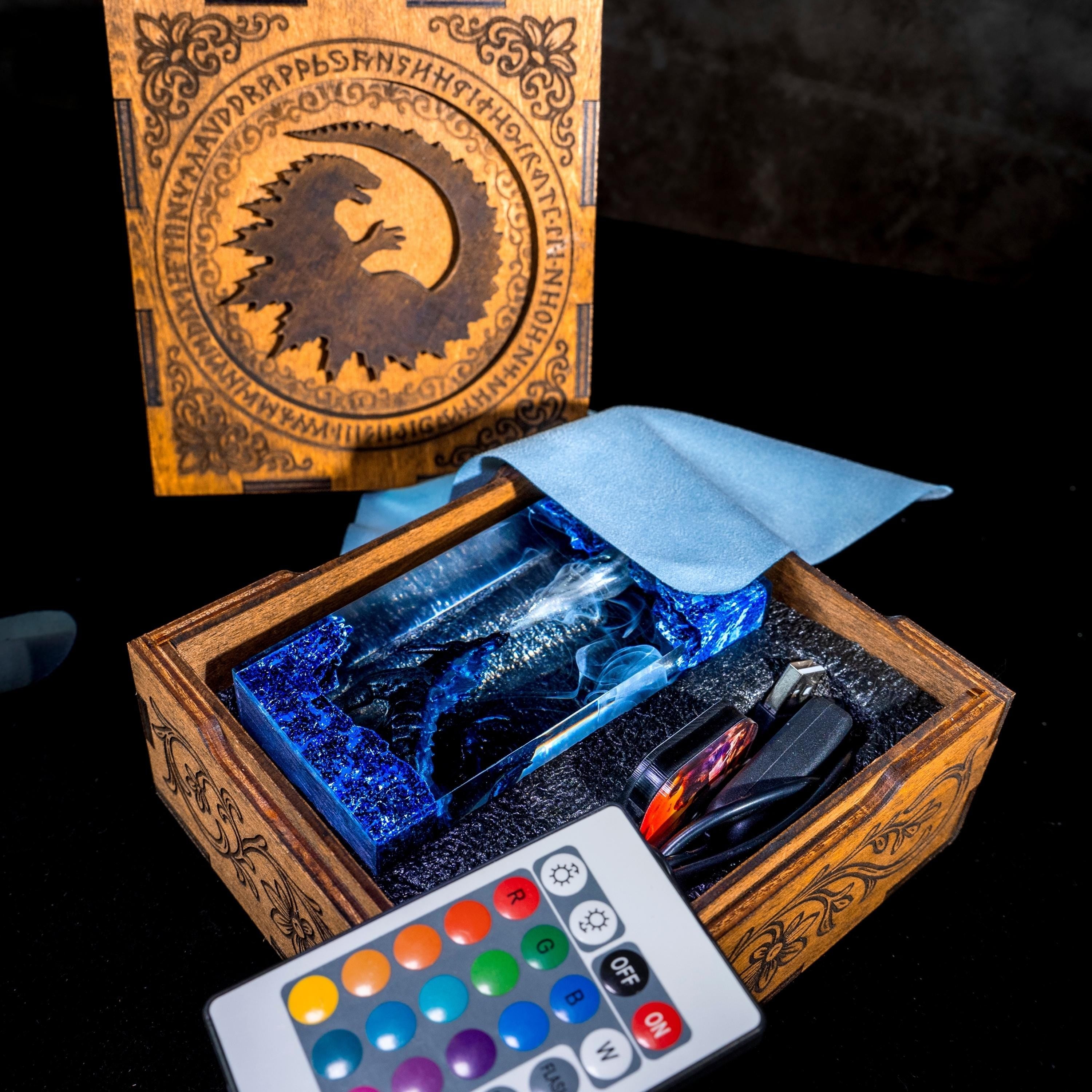 Handmade Beast Diorama Lamp – Epoxy Resin Night Light,  godzilla resin lamp, godzilla gift wooden box