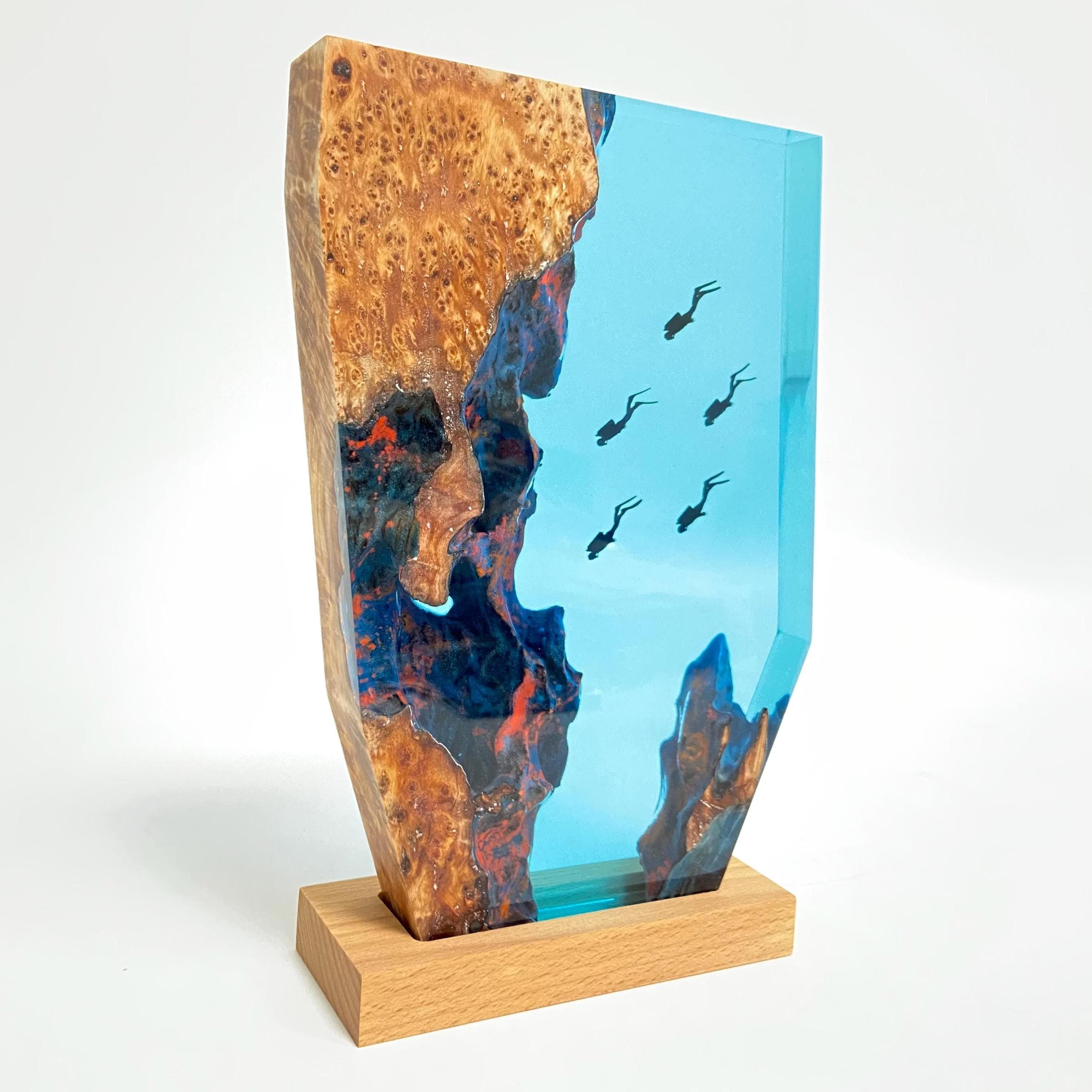 Personalized Epoxy Resin Diver Night Light, Deep Sea Wooden Lamp, Freediving, Halloween Gift, Christmas Gift