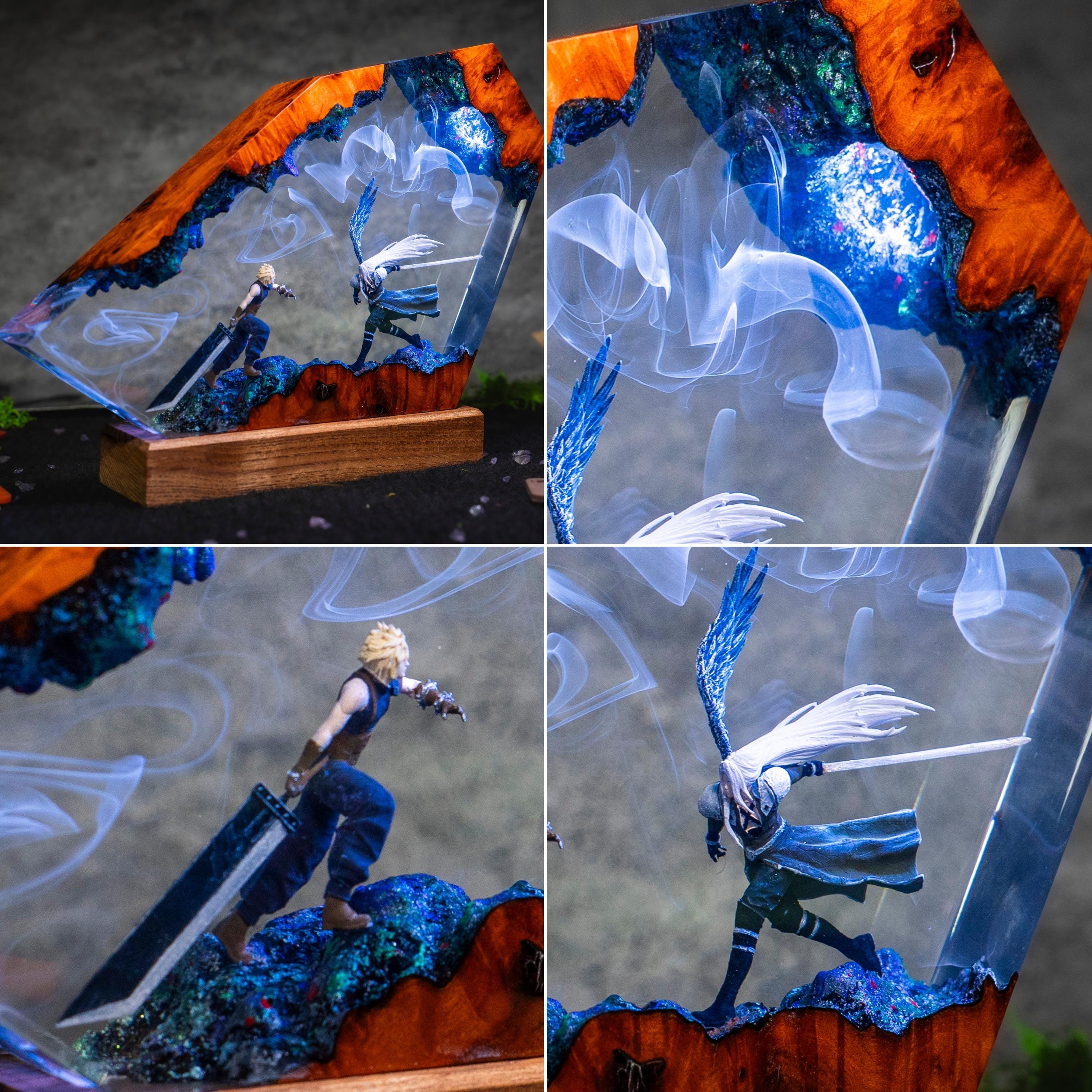 Custom Sephiroth and Cloud Resin Night Light, Epoxy Wood Night Lamp,  FF7 Collector Gift