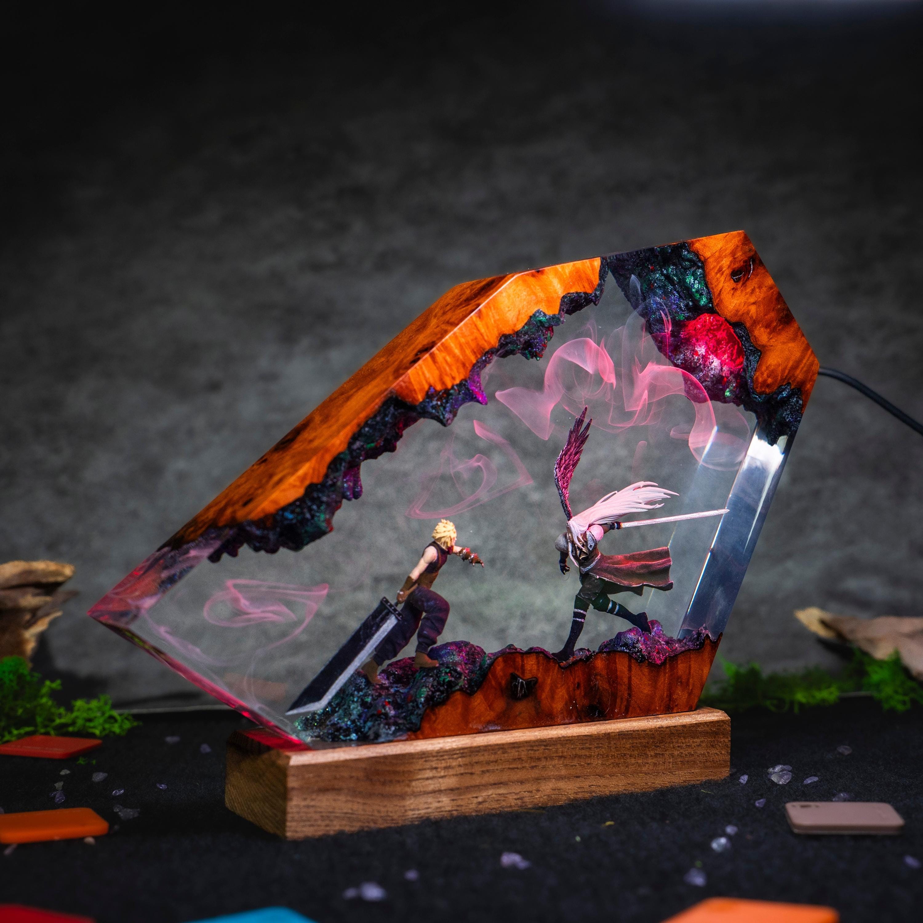 Custom Sephiroth and Cloud Resin Night Light, Epoxy Wood Night Lamp,  FF7 Collector Gift