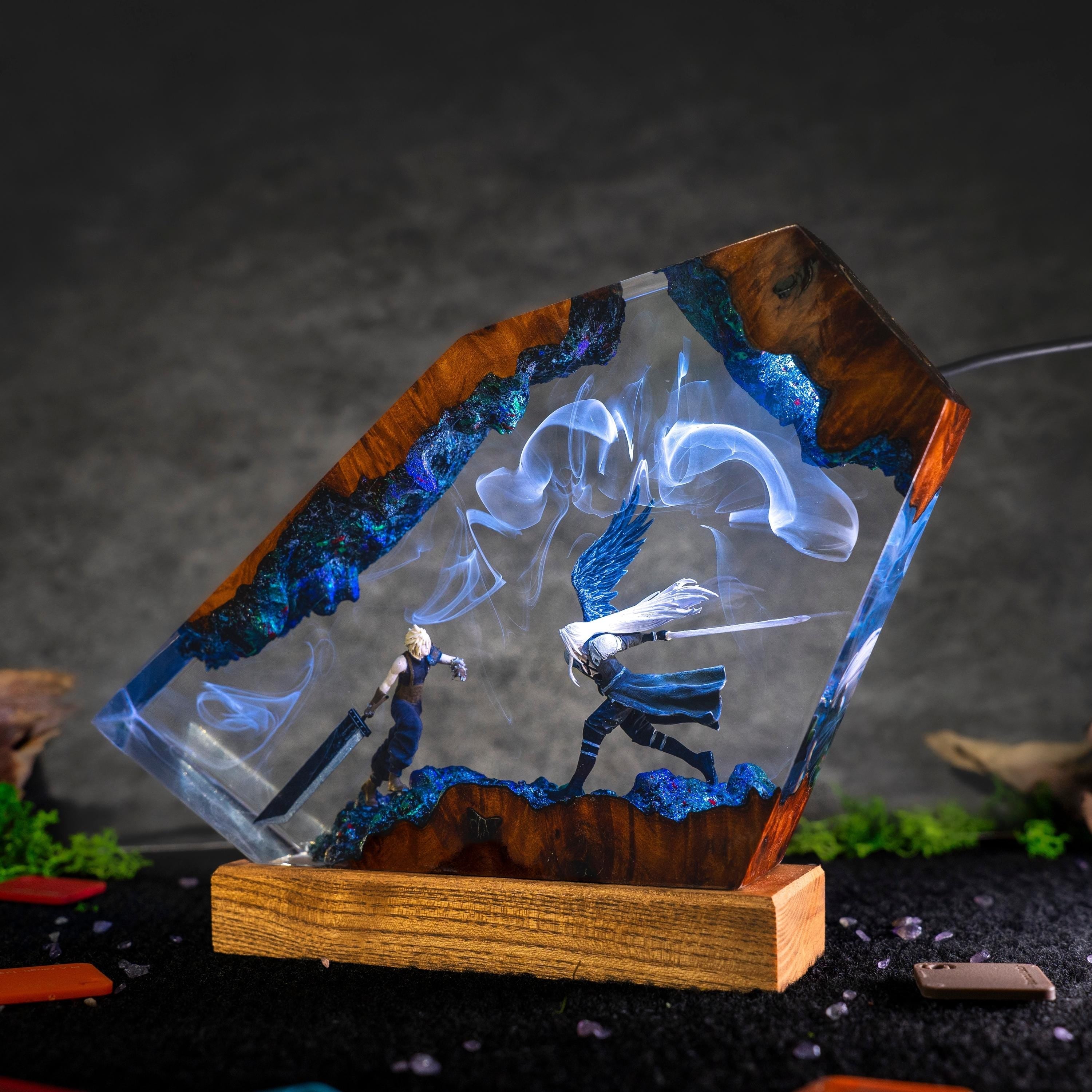 Custom Sephiroth and Cloud Resin Night Light, Epoxy Wood Night Lamp,  FF7 Collector Gift