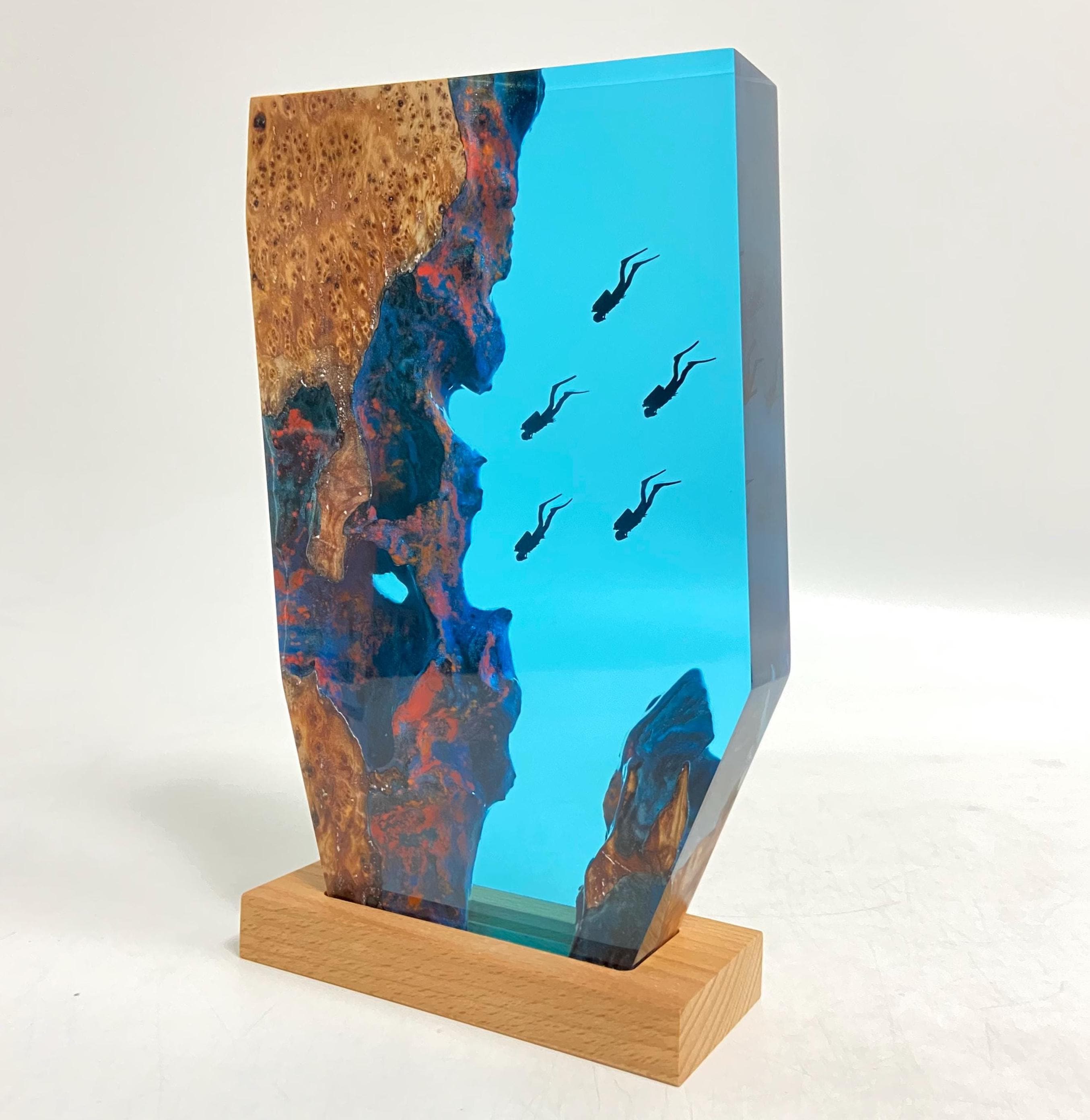 Personalized Epoxy Resin Diver Night Light, Deep Sea Wooden Lamp, Freediving, Halloween Gift, Christmas Gift