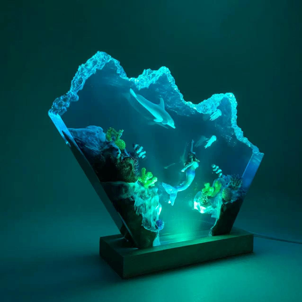 Handmade Mermaid Resin Lamp, Tropical Fish Scene, Wooden LED Lamp Base, Perfect Gift For Friends, Gift For Mom, Halloween Gift
