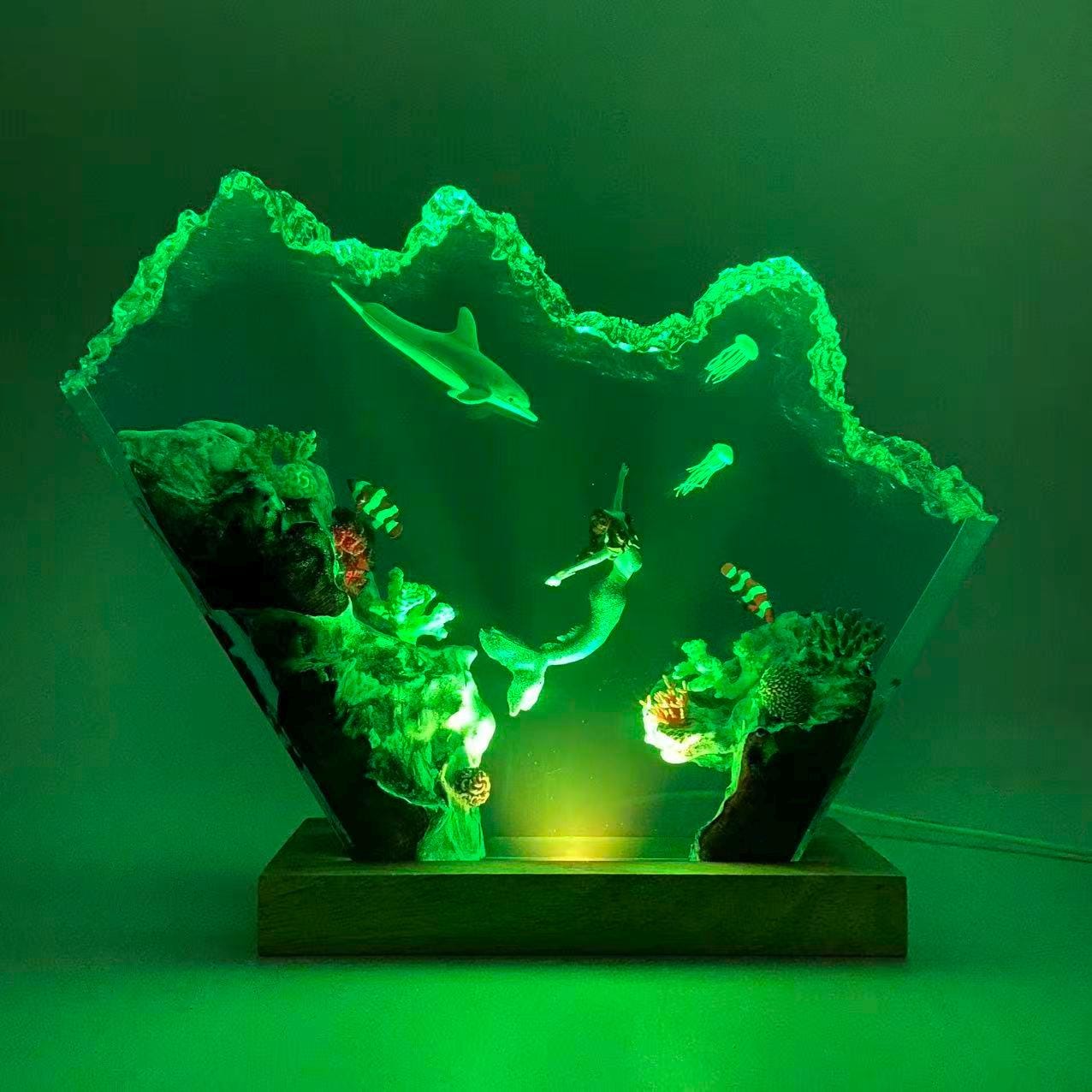 Handmade Mermaid Resin Lamp, Tropical Fish Scene, Wooden LED Lamp Base, Perfect Gift For Friends, Gift For Mom, Halloween Gift