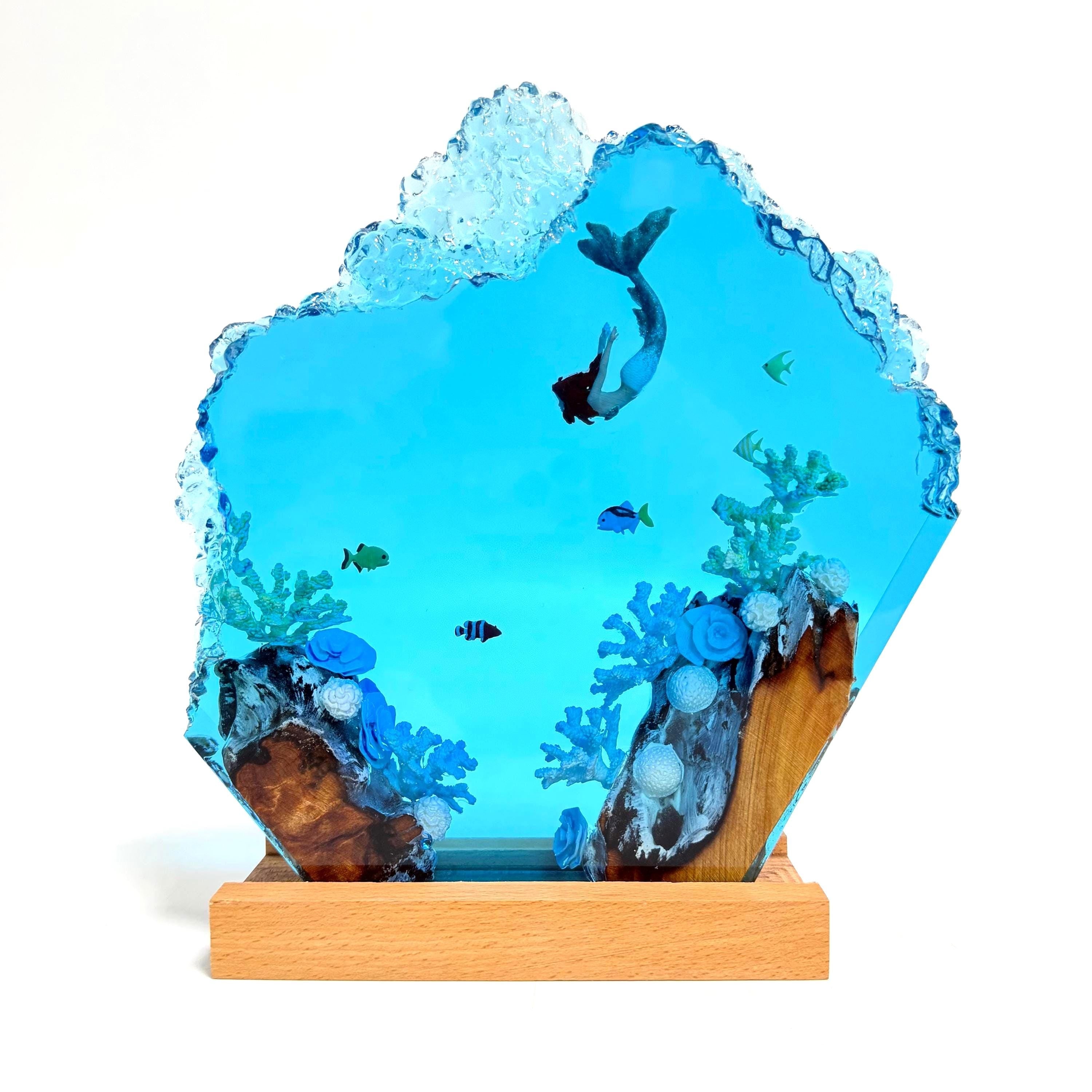 Handmade Mermaid Resin Lamp, Tropical Fish Scene, Wooden LED Lamp Base, Perfect Gift For Friends, Gift For Mom, Halloween Gift