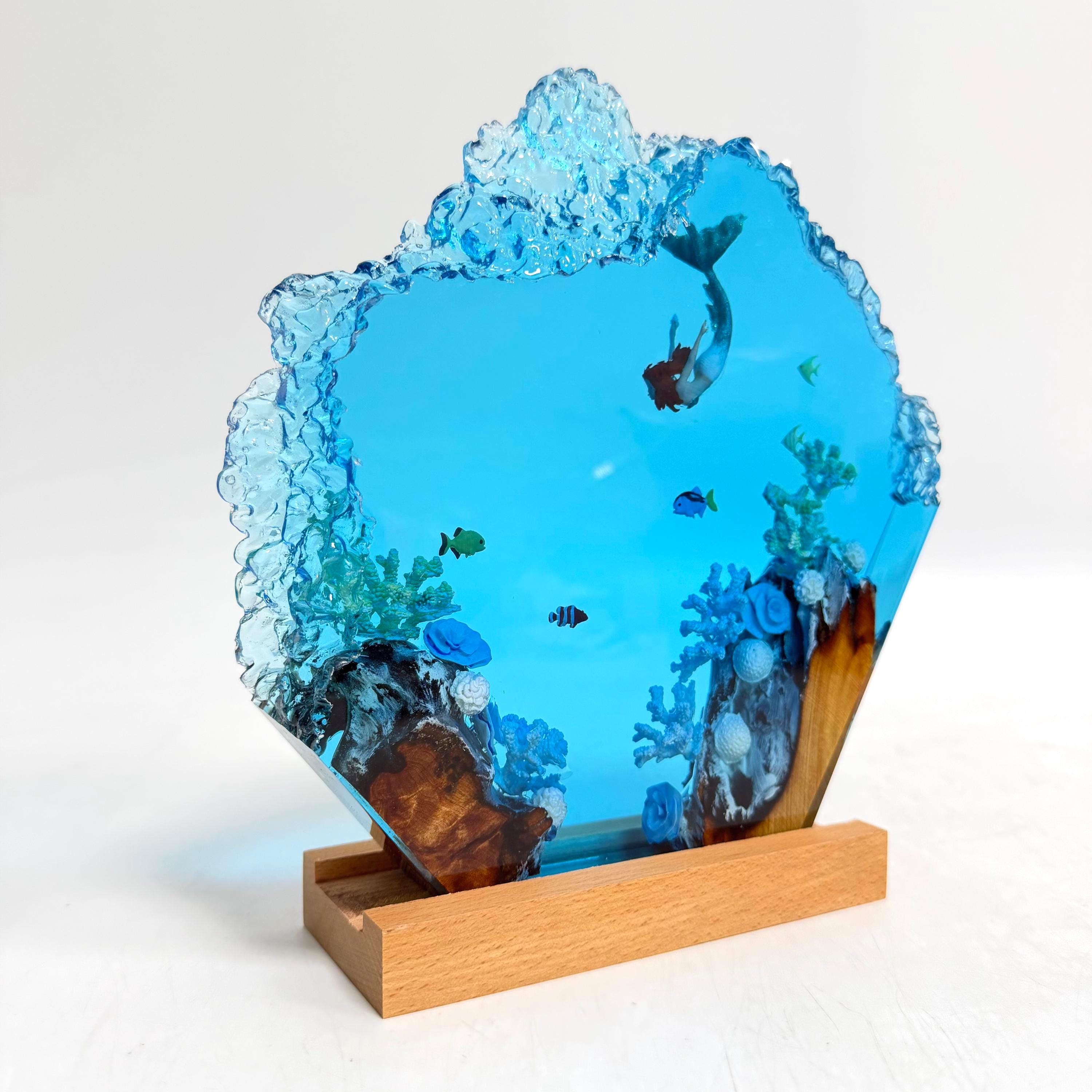 Handmade Mermaid Resin Lamp, Tropical Fish Scene, Wooden LED Lamp Base, Perfect Gift For Friends, Gift For Mom, Halloween Gift