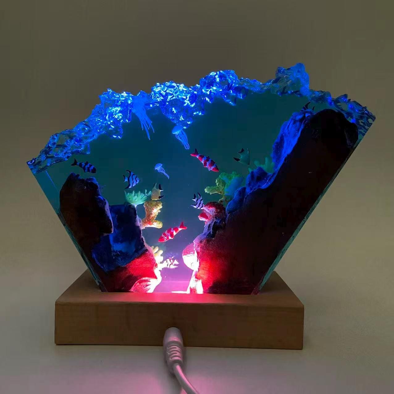 Ocean Resin Lamp, Tropical Fish Scene, Wooden Led Lamp Base, Perfect As A Gift For Friends, Gift For Mom, Halloween Gift