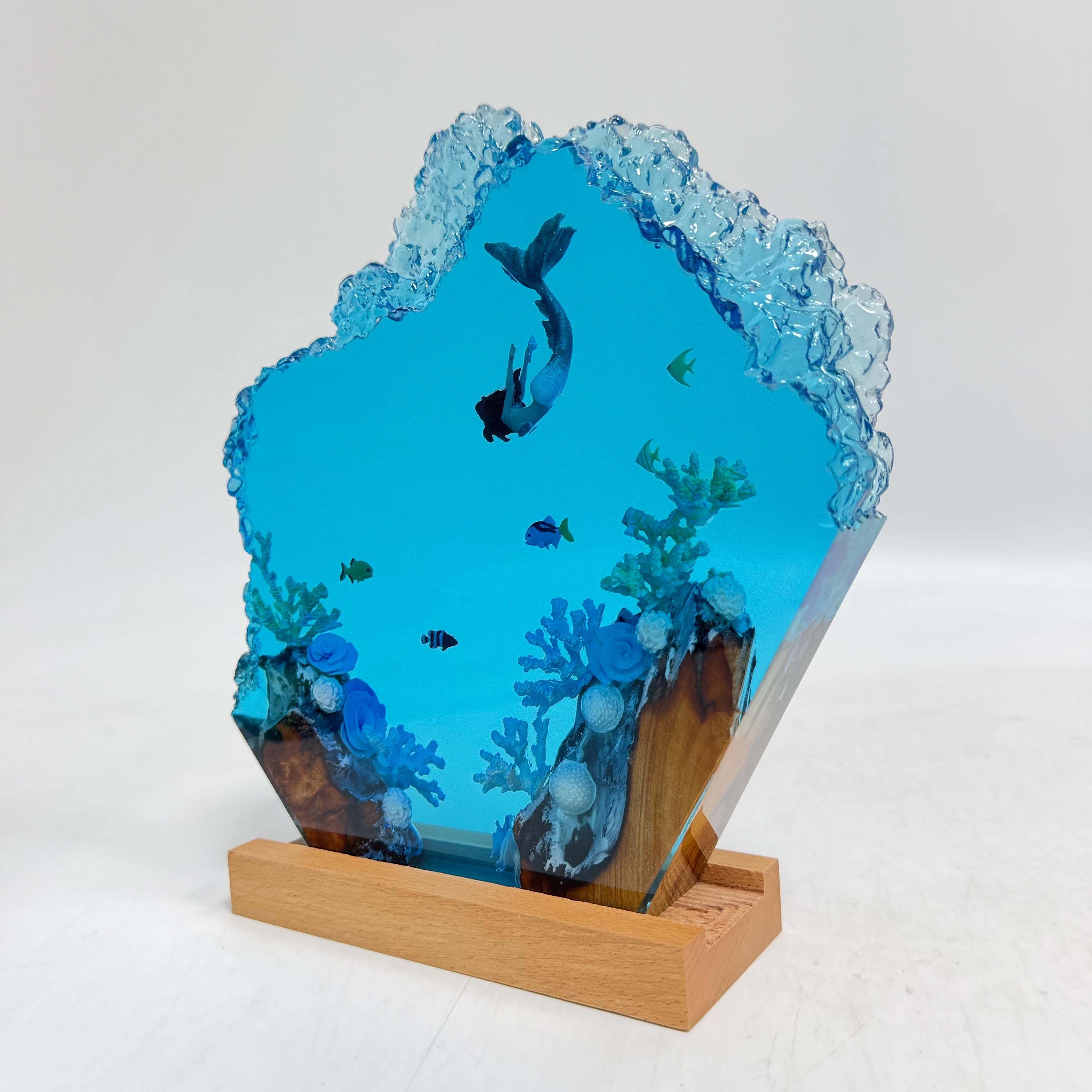Handmade Mermaid Resin Lamp, Tropical Fish Scene, Wooden LED Lamp Base, Perfect Gift For Friends, Gift For Mom, Halloween Gift