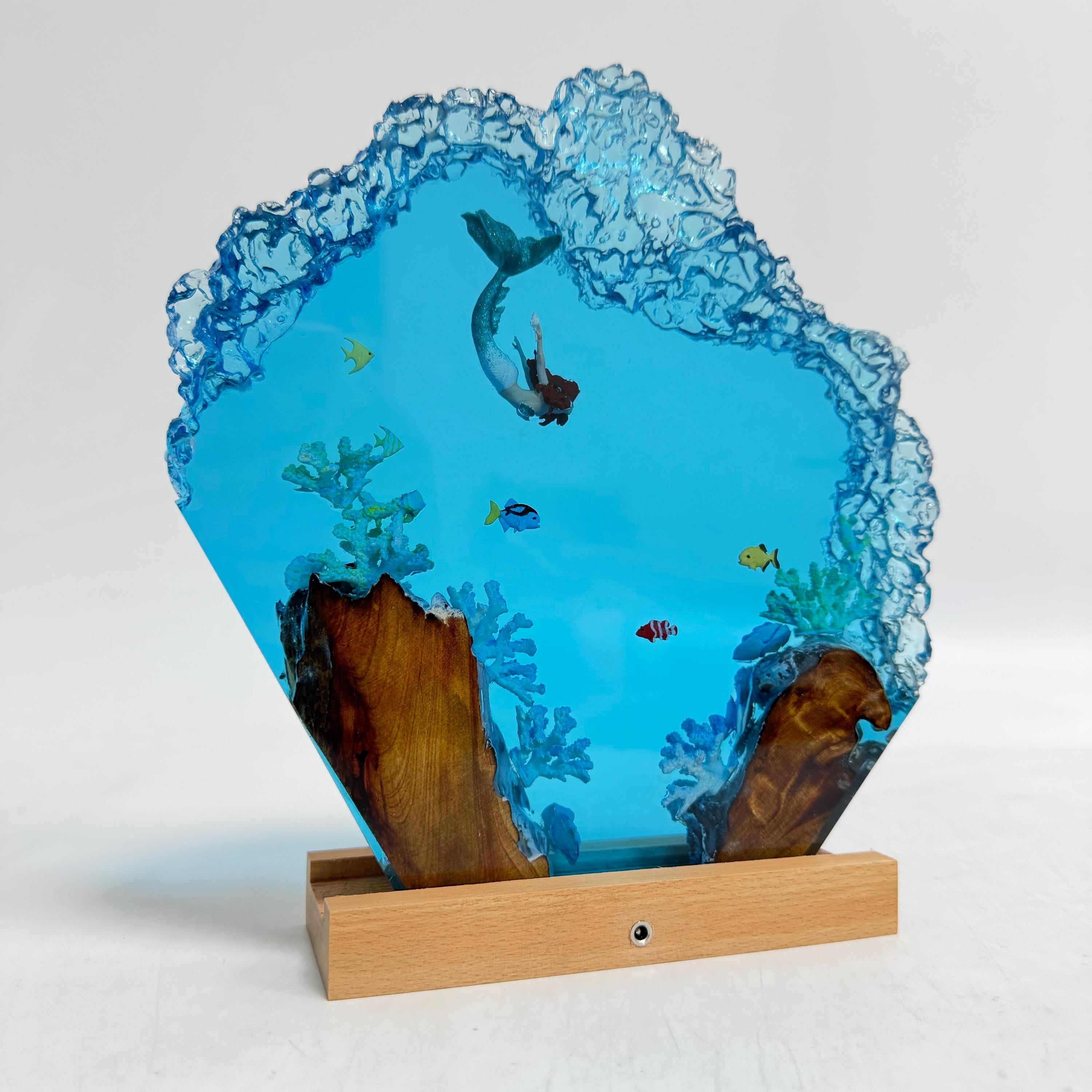 Handmade Mermaid Resin Lamp, Tropical Fish Scene, Wooden LED Lamp Base, Perfect Gift For Friends, Gift For Mom, Halloween Gift