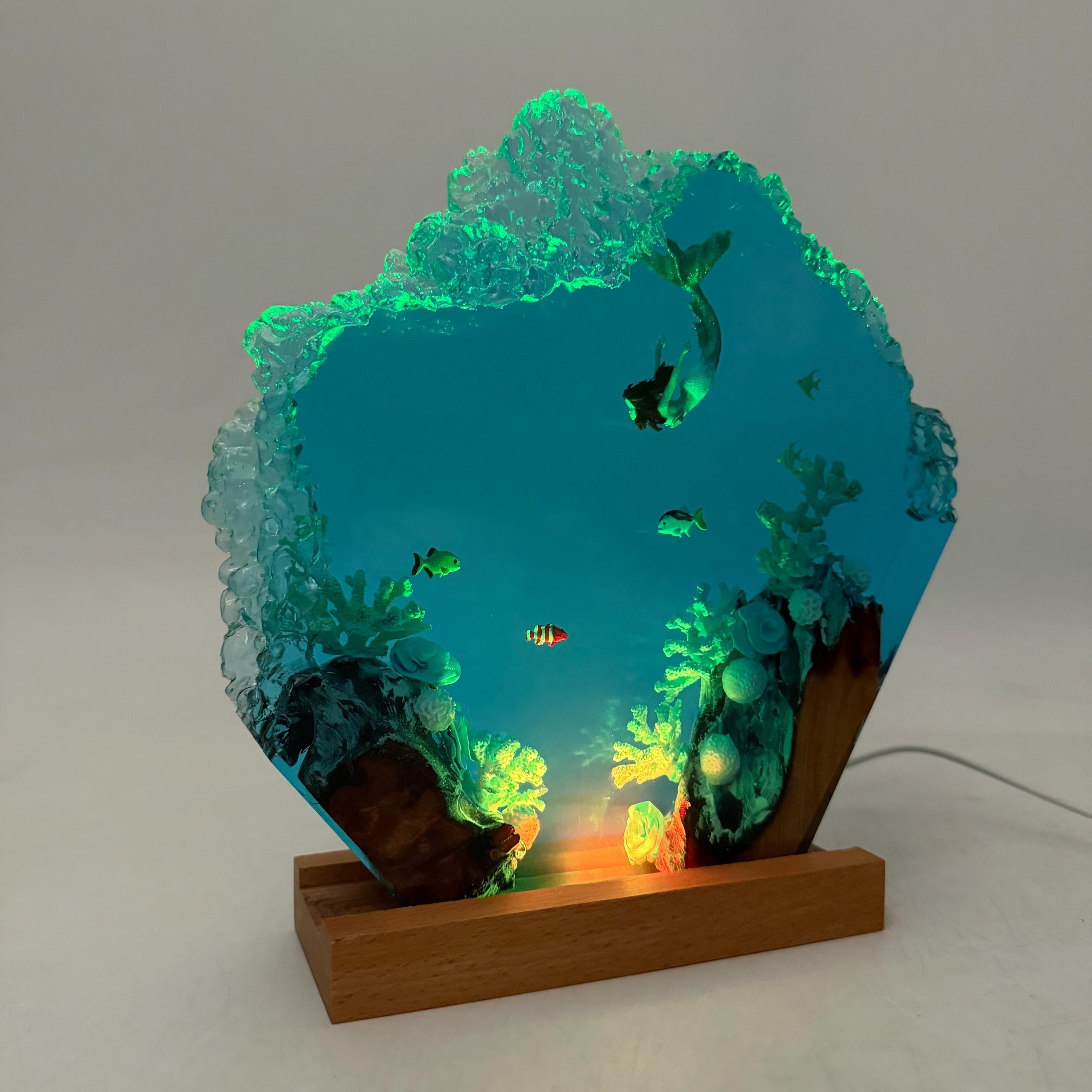 Handmade Mermaid Resin Lamp, Tropical Fish Scene, Wooden LED Lamp Base, Perfect Gift For Friends, Gift For Mom, Halloween Gift