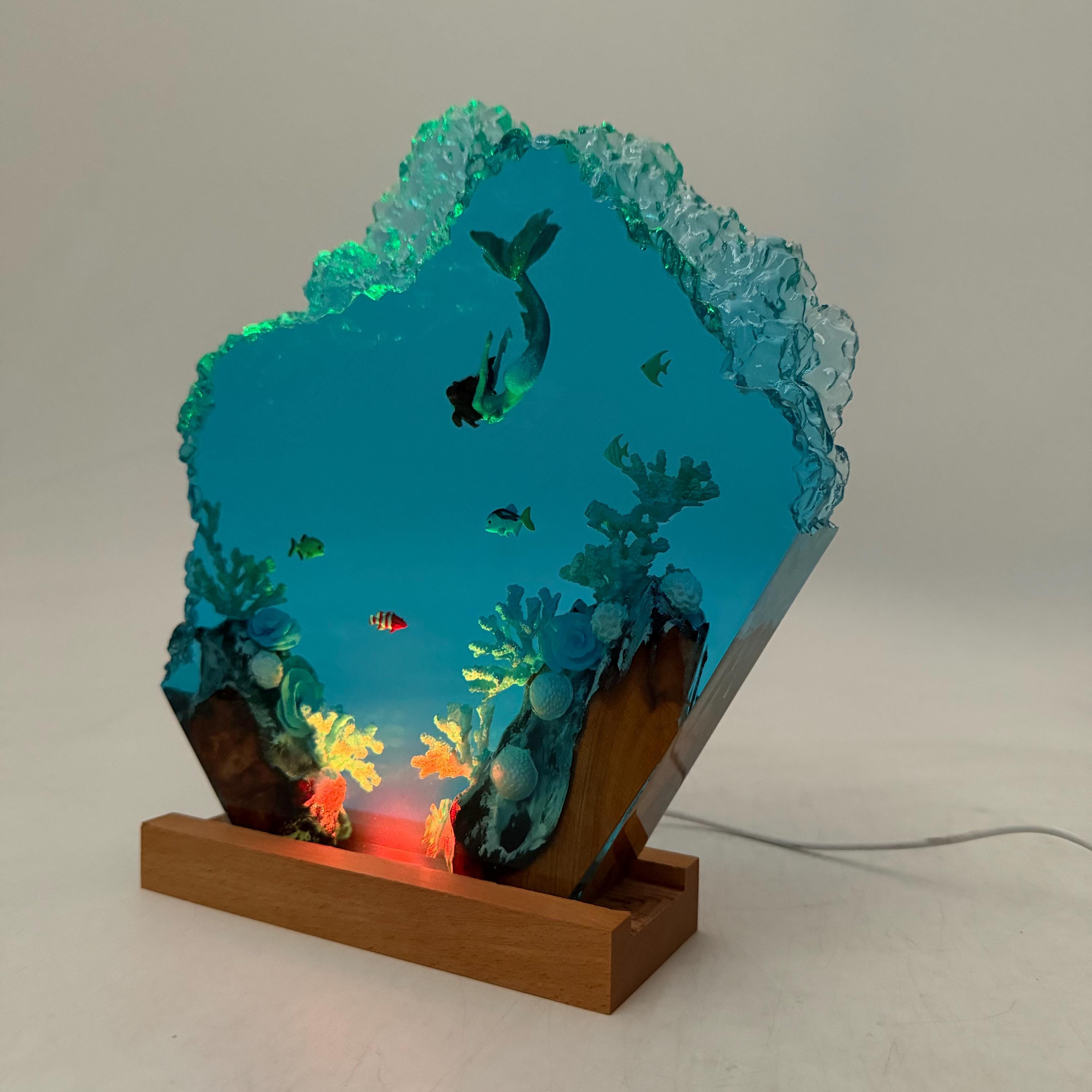 Handmade Mermaid Resin Lamp, Tropical Fish Scene, Wooden LED Lamp Base, Perfect Gift For Friends, Gift For Mom, Halloween Gift