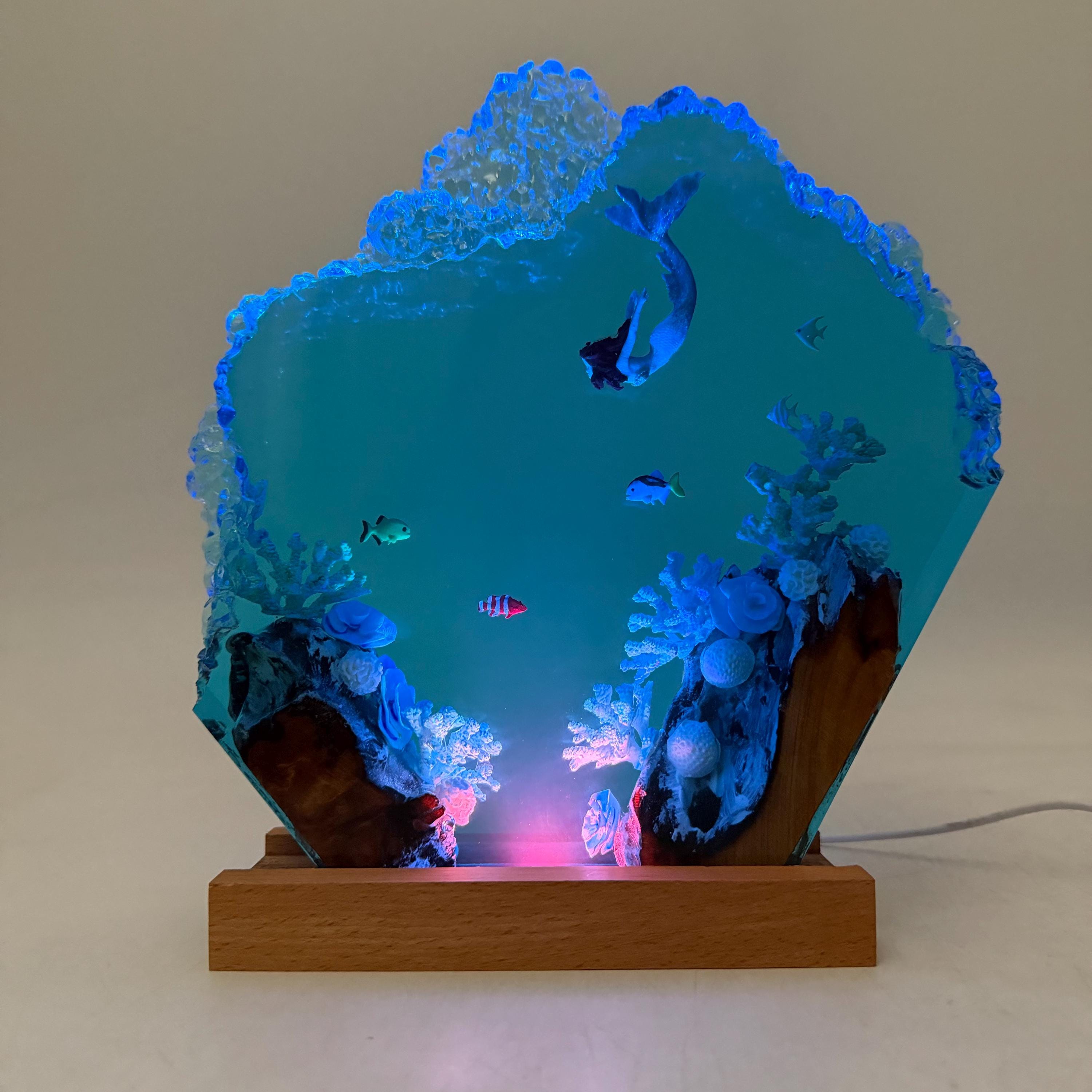 Handmade Mermaid Resin Lamp, Tropical Fish Scene, Wooden LED Lamp Base, Perfect Gift For Friends, Gift For Mom, Halloween Gift