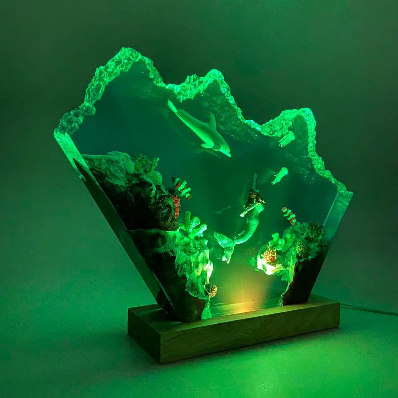 Handmade Mermaid Resin Lamp, Tropical Fish Scene, Wooden LED Lamp Base, Perfect Gift For Friends, Gift For Mom, Halloween Gift