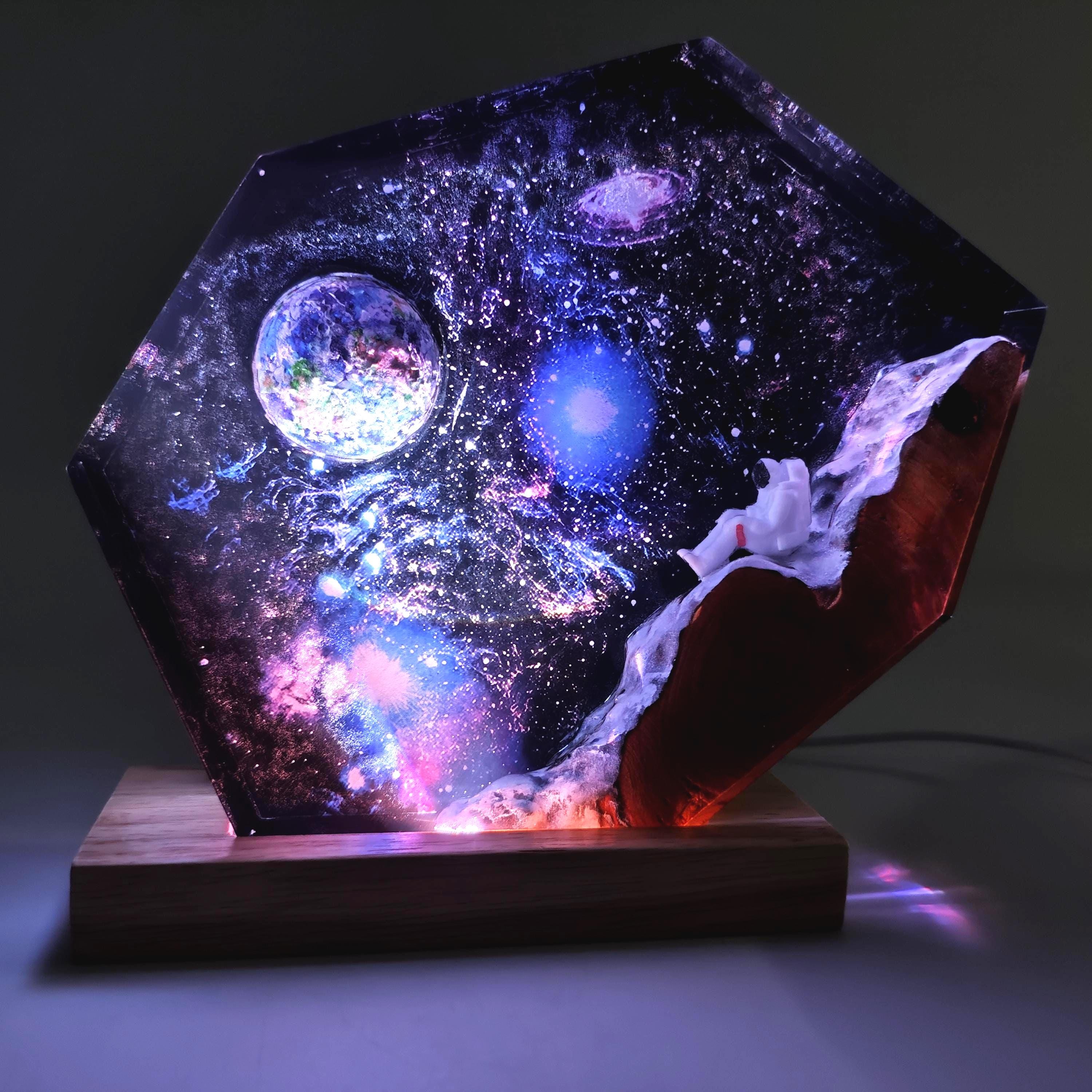 Handmade Interstellar Wood Lamp, Astronaut Galaxy Resin Art, Galaxy Lamp, Space Ship Lamp, Resin Night Light, Personalization Gift