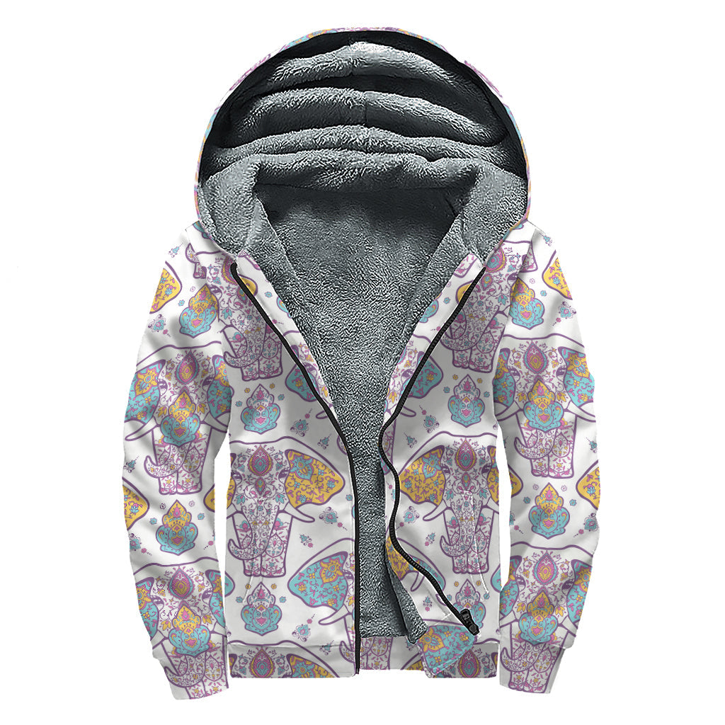 Indian Flower Elephant Pattern Sherpa Lined Hoodie for Groovy Hippies - 1