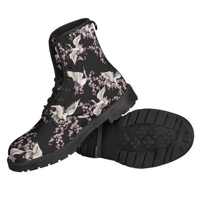 Boho-Chic: Japanese Crane Patterned Leather Lightweight Boots for Modern Hippies - 2