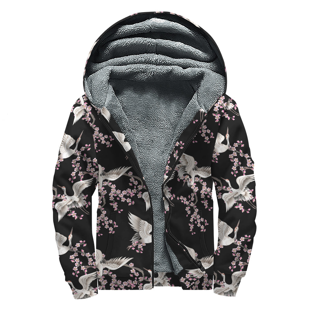 Japanese Crane Bird Pattern Sherpa Lined Zip Up Hoodie for the Free-Spirited Hippie - 1