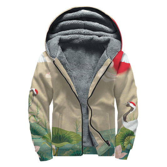 Japanese Cranes at Sunset: Sherpa Lined Zip Up Hoodie for Hippie Souls - 1