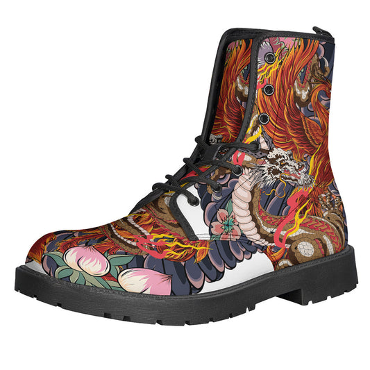 Boho Chic: Japanese Dragon and Phoenix Tattoo Leather Boots for the Free Spirited Hippie - 1