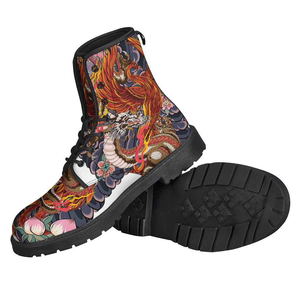 Boho Chic: Japanese Dragon and Phoenix Tattoo Leather Boots for the Free Spirited Hippie - 2