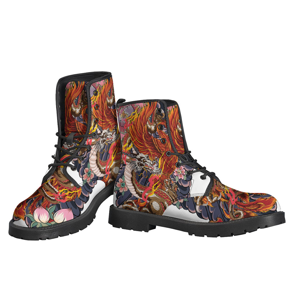 Boho Chic: Japanese Dragon and Phoenix Tattoo Leather Boots for the Free Spirited Hippie - 3