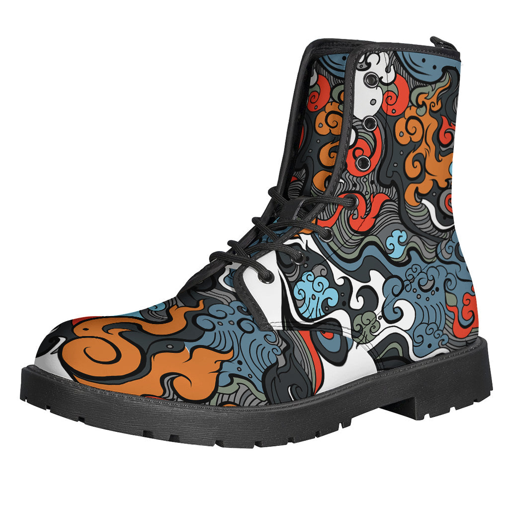 Japanese Elemental Tattoo Print Leather Boots for Stylish Hippies - 1