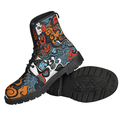 Japanese Elemental Tattoo Print Leather Boots for Stylish Hippies - 2