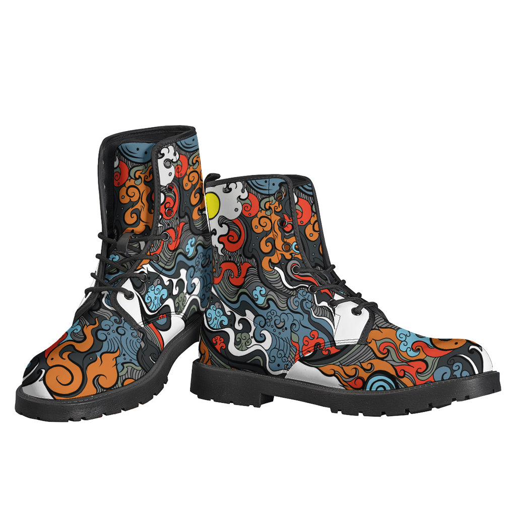 Japanese Elemental Tattoo Print Leather Boots for Stylish Hippies - 3