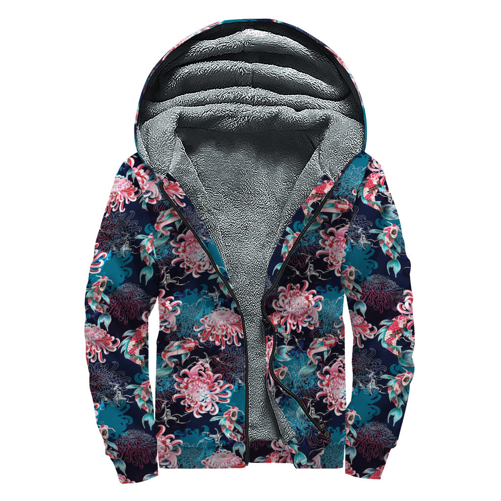 Japanese Koi and Chrysanthemums Sherpa-Lined Hoodie for Bohemian Souls - 1