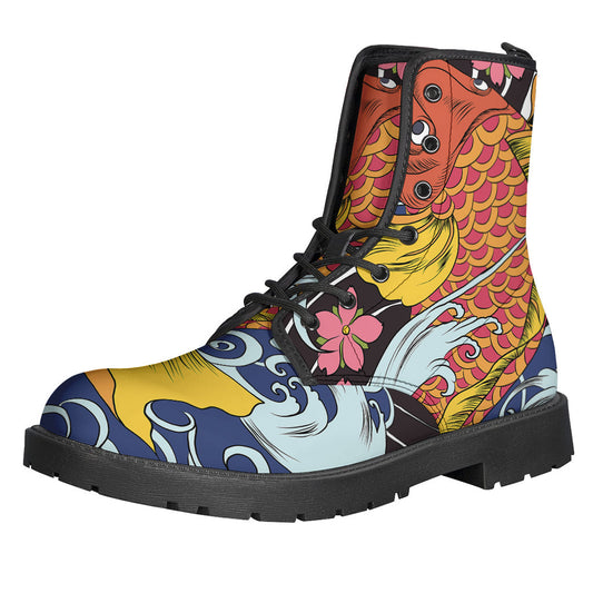 Walk in Style with Japanese Koi and Flower Tattoo Print Leather Boots - 1