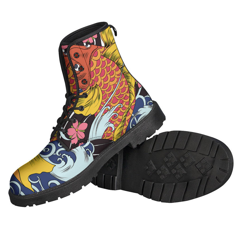 Walk in Style with Japanese Koi and Flower Tattoo Print Leather Boots - 2