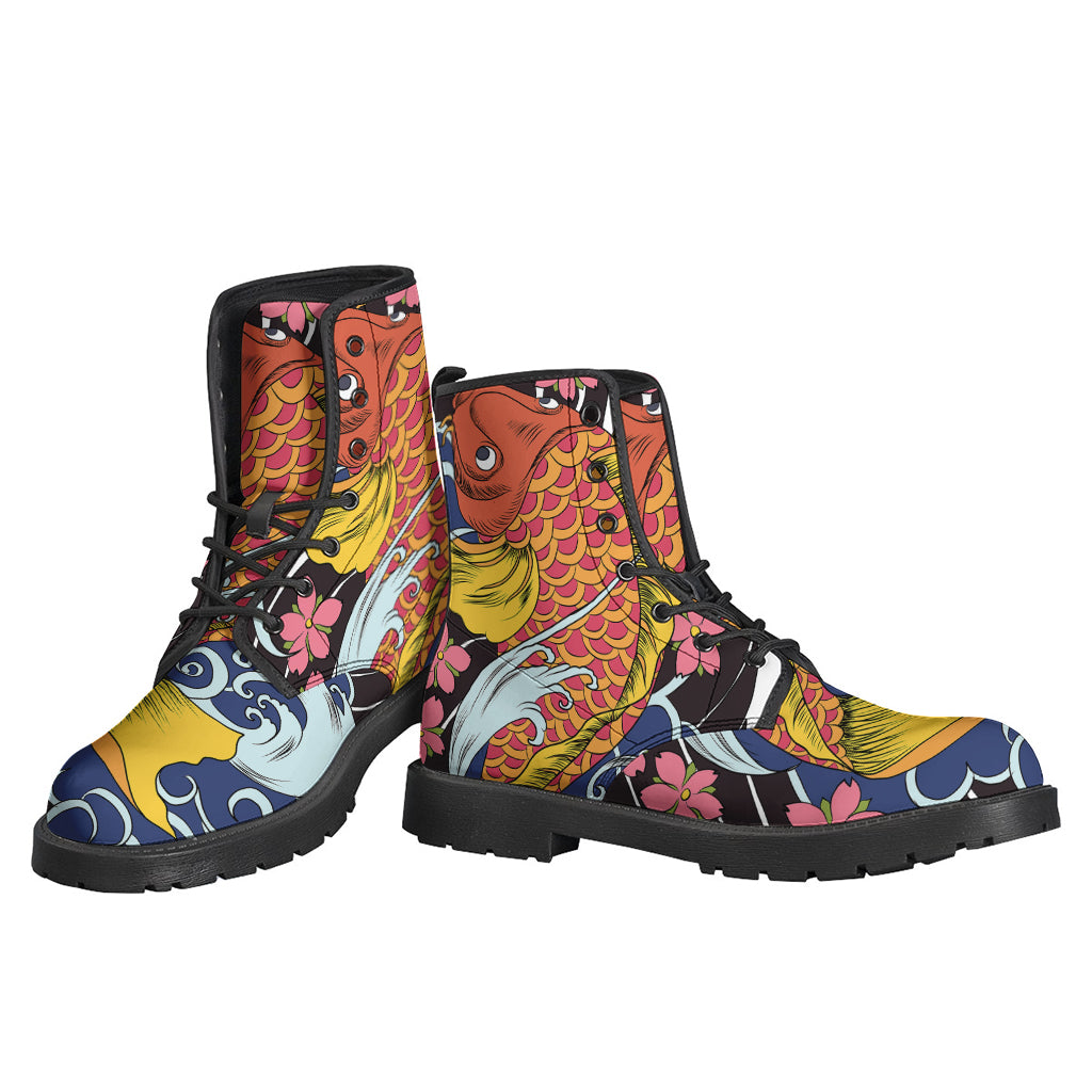 Walk in Style with Japanese Koi and Flower Tattoo Print Leather Boots - 3