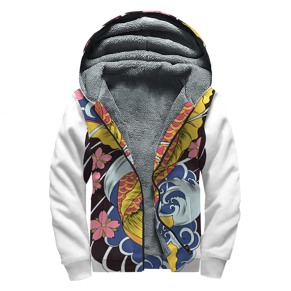 Japanese Koi and Flower Tattoo Print Sherpa Lined Zip Up Hoodie for the Groovy Hippie - 1