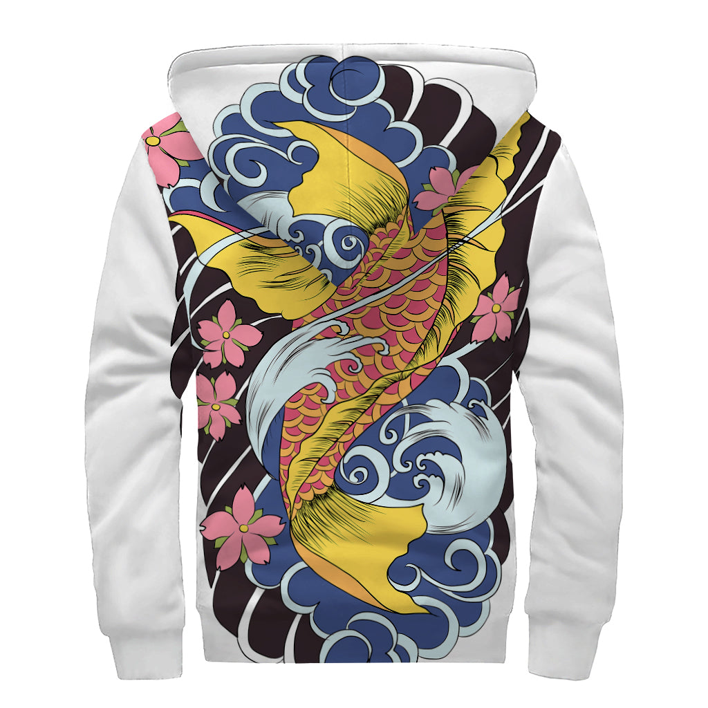 Japanese Koi and Flower Tattoo Print Sherpa Lined Zip Up Hoodie for the Groovy Hippie - 2