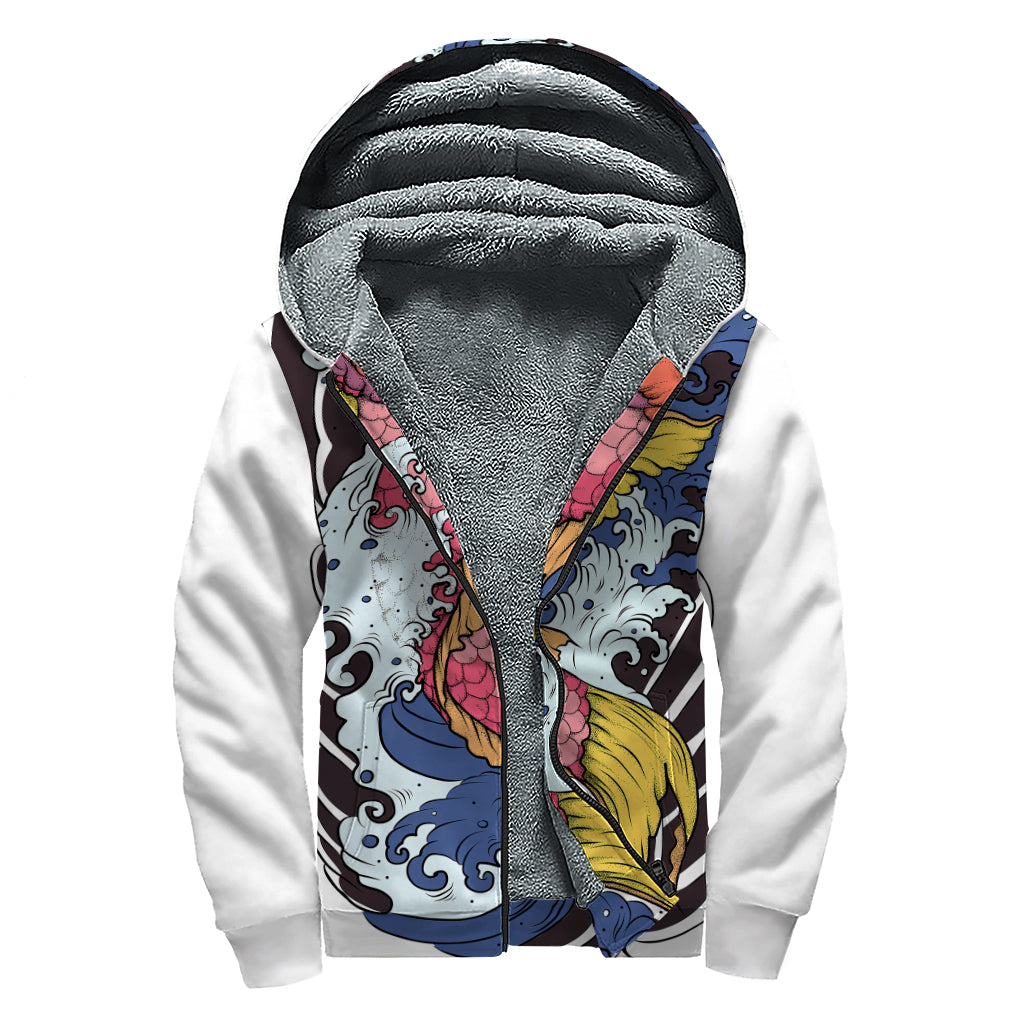 Zen Vibes: Japanese Koi Carp Tattoo Print Sherpa Lined Zip Up Hoodie - 1