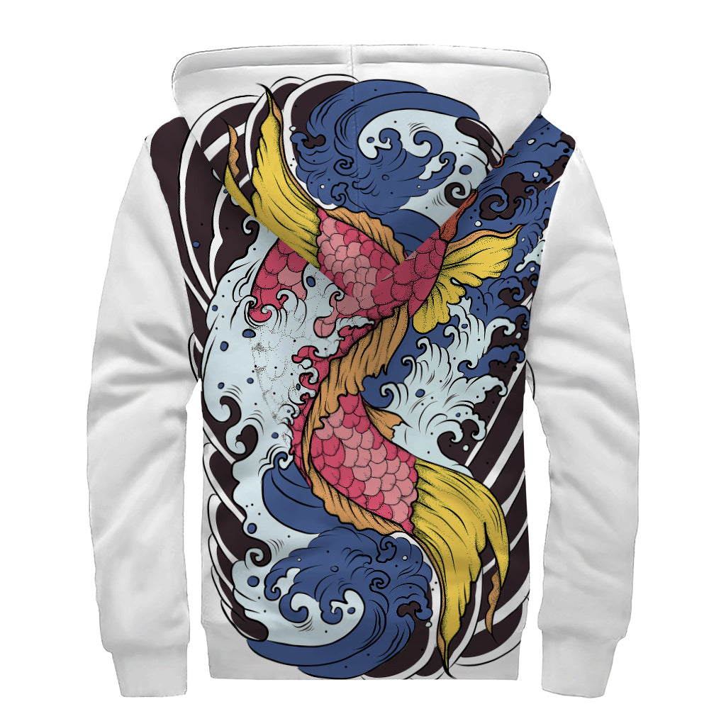 Zen Vibes: Japanese Koi Carp Tattoo Print Sherpa Lined Zip Up Hoodie - 2