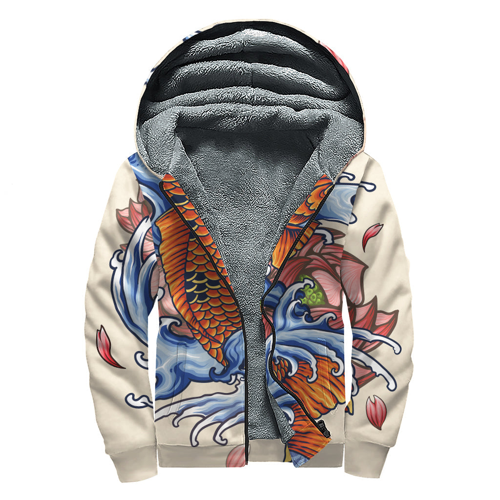 Japanese Koi Fish Tattoo Print Sherpa Lined Zip Up Hoodie: Embrace Your Inner Hippie Style - 1