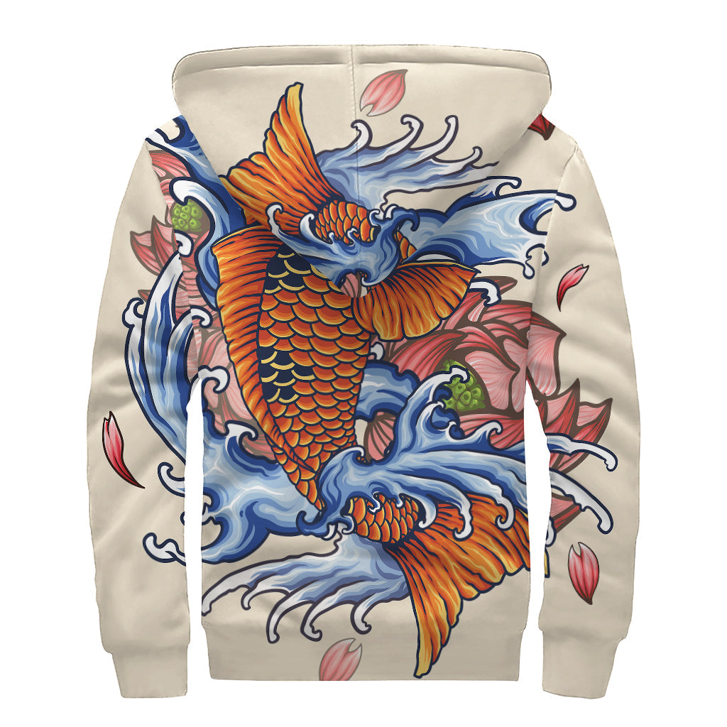 Japanese Koi Fish Tattoo Print Sherpa Lined Zip Up Hoodie: Embrace Your Inner Hippie Style - 2