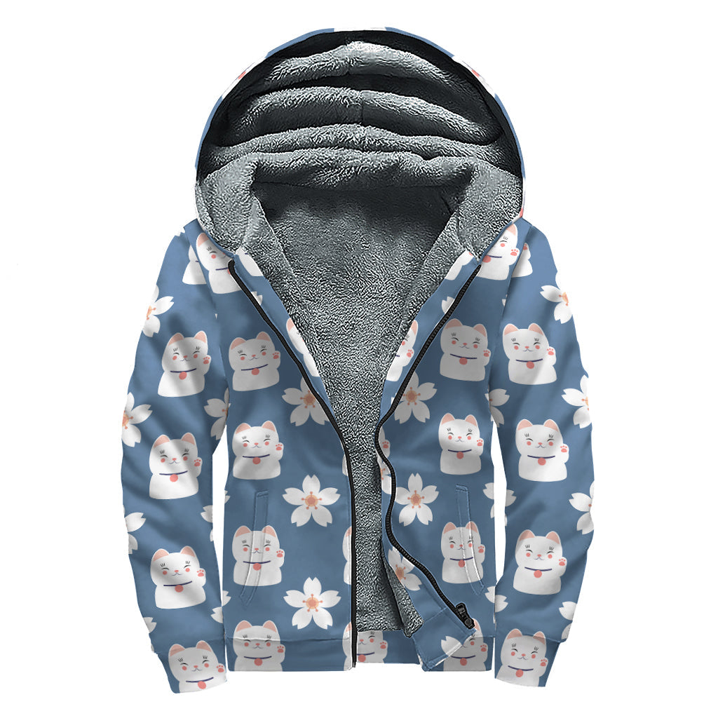 Japanese Lucky Cat and Sakura Print Sherpa Lined Zip Up Hoodie - Embrace Your Inner Hippie Vibe! - 1