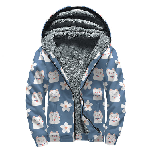 Japanese Lucky Cat and Sakura Print Sherpa Lined Zip Up Hoodie - Embrace Your Inner Hippie Vibe! - 1