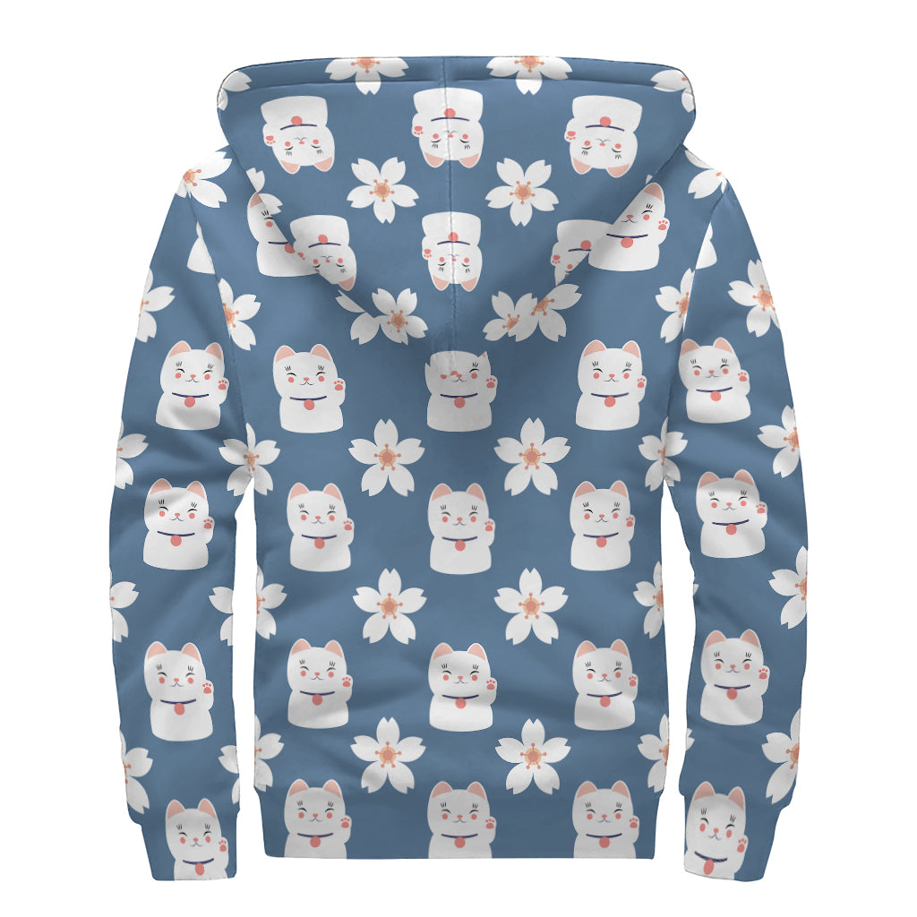 Japanese Lucky Cat and Sakura Print Sherpa Lined Zip Up Hoodie - Embrace Your Inner Hippie Vibe! - 2