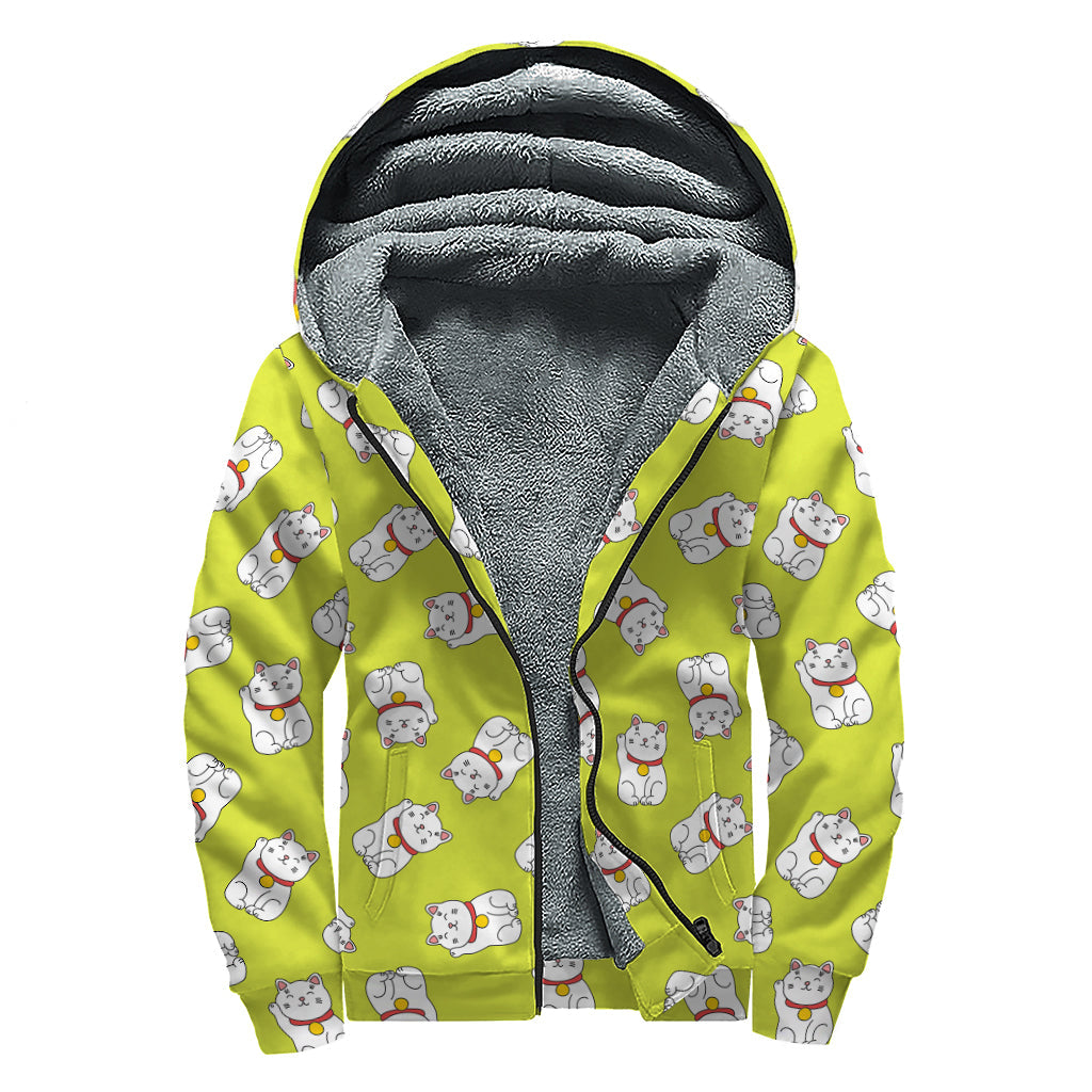 Japanese Lucky Cat Cartoon Print Sherpa Lined Zip Up Hoodie for Bohemian Souls - 1