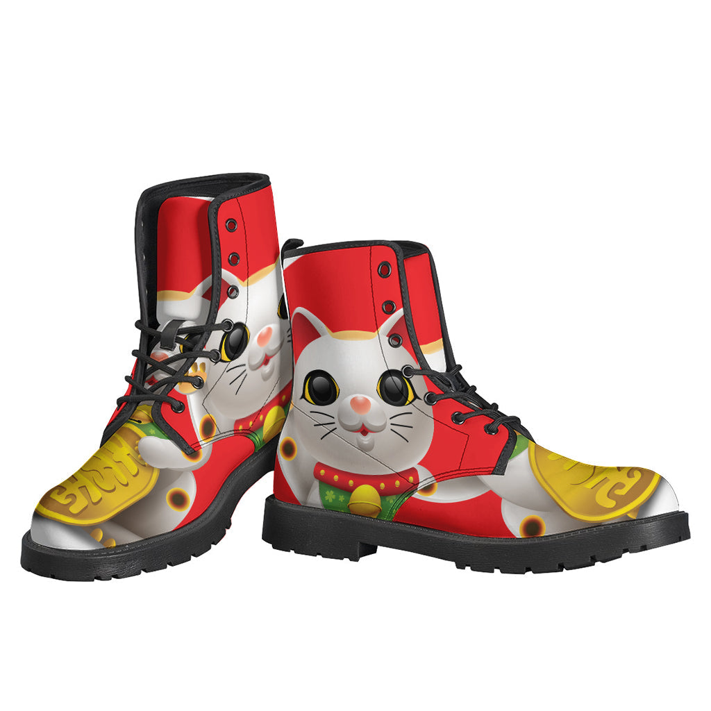 Step into Serenity with Japanese Lucky Cat Leather Lightweight Boots - 3