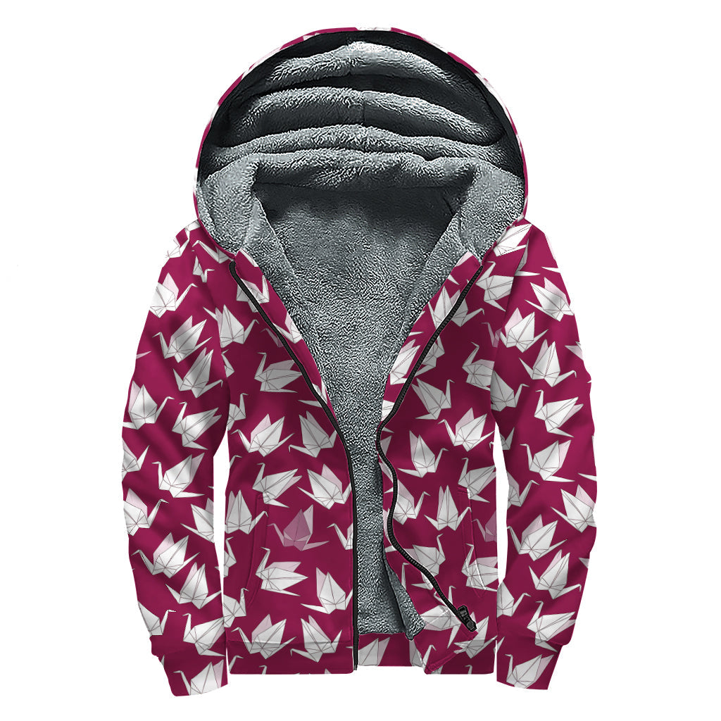 Japanese Origami Crane Pattern Print Sherpa Lined Zip Up Hoodie for the Free-Spirited Hippie - 1